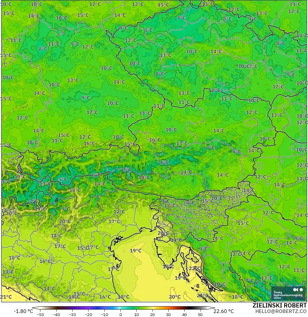 ALADIN CZ 2.3 km model - Avusturya, 2 m Sıcaklık