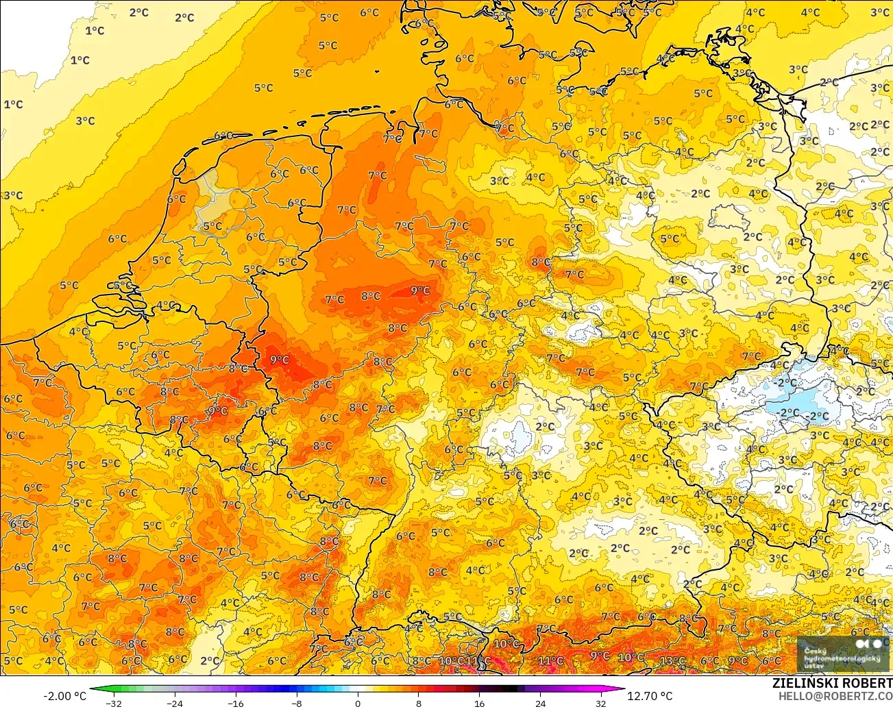 ALADIN CZ 2.3 km model - Almanya, 2 m Sıcaklık Anomalisi