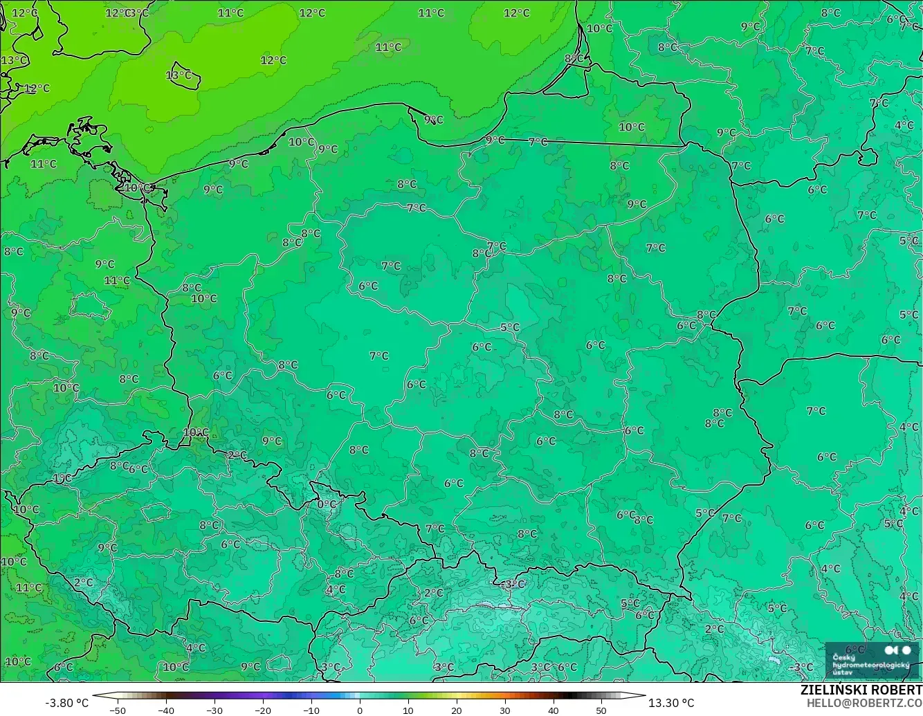 ALADIN CZ 2.3 km model - Polonya, 2 m Çiy Noktası