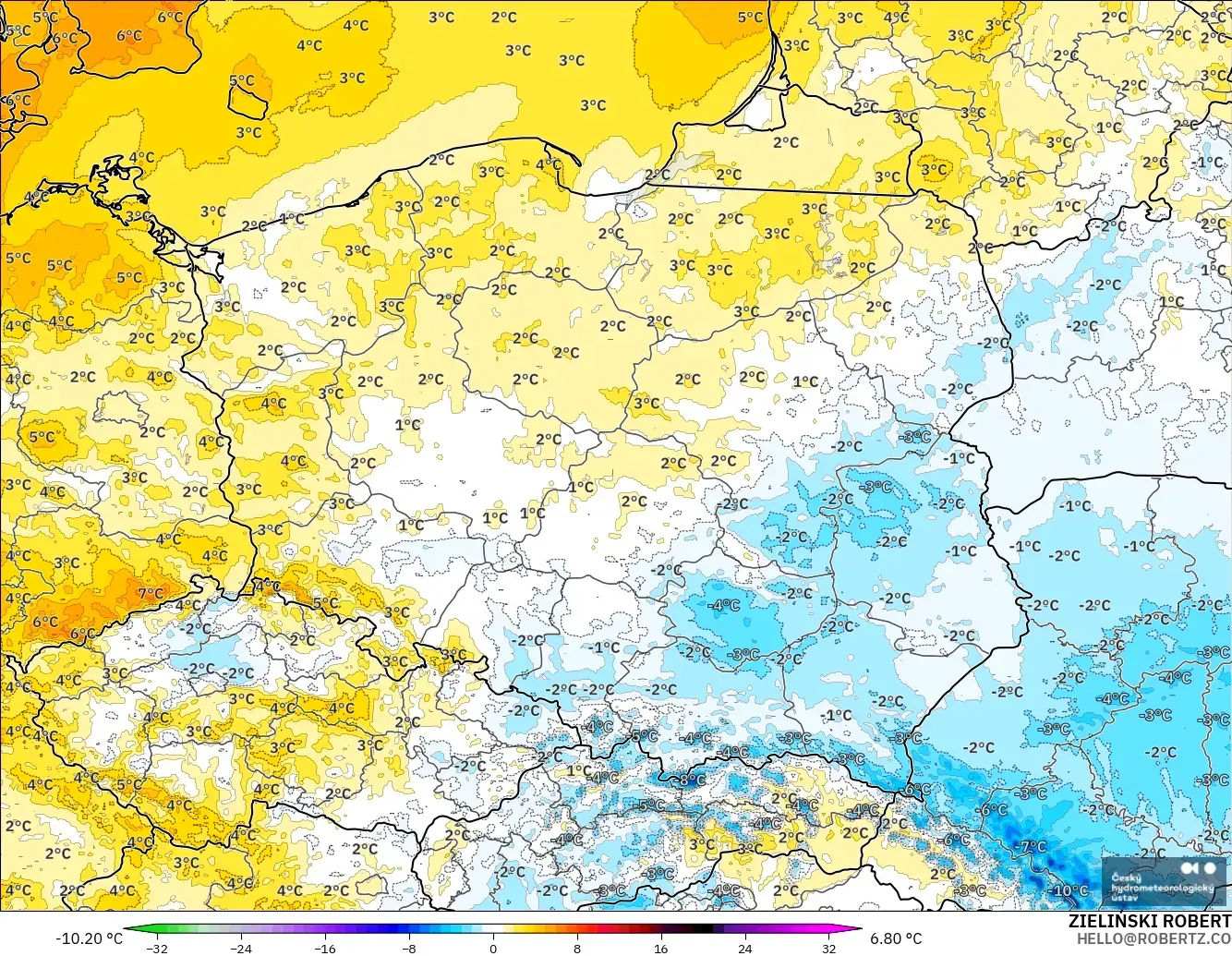 ALADIN CZ 2.3 km model - Polonya, 2 m Sıcaklık Anomalisi