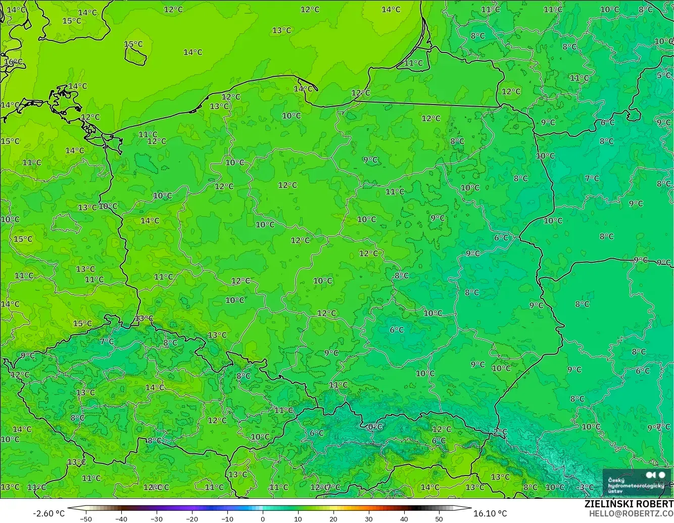 ALADIN CZ 2.3 km model - Polonya, 2 m Sıcaklık