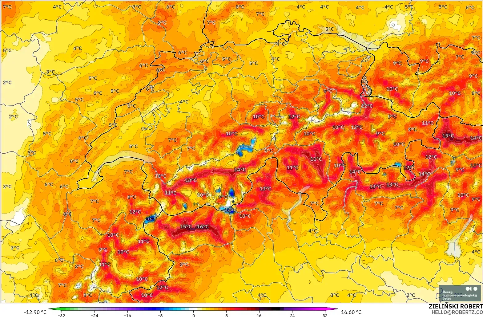 ALADIN CZ 2.3 km model - İsviçre, 2 m Sıcaklık Anomalisi