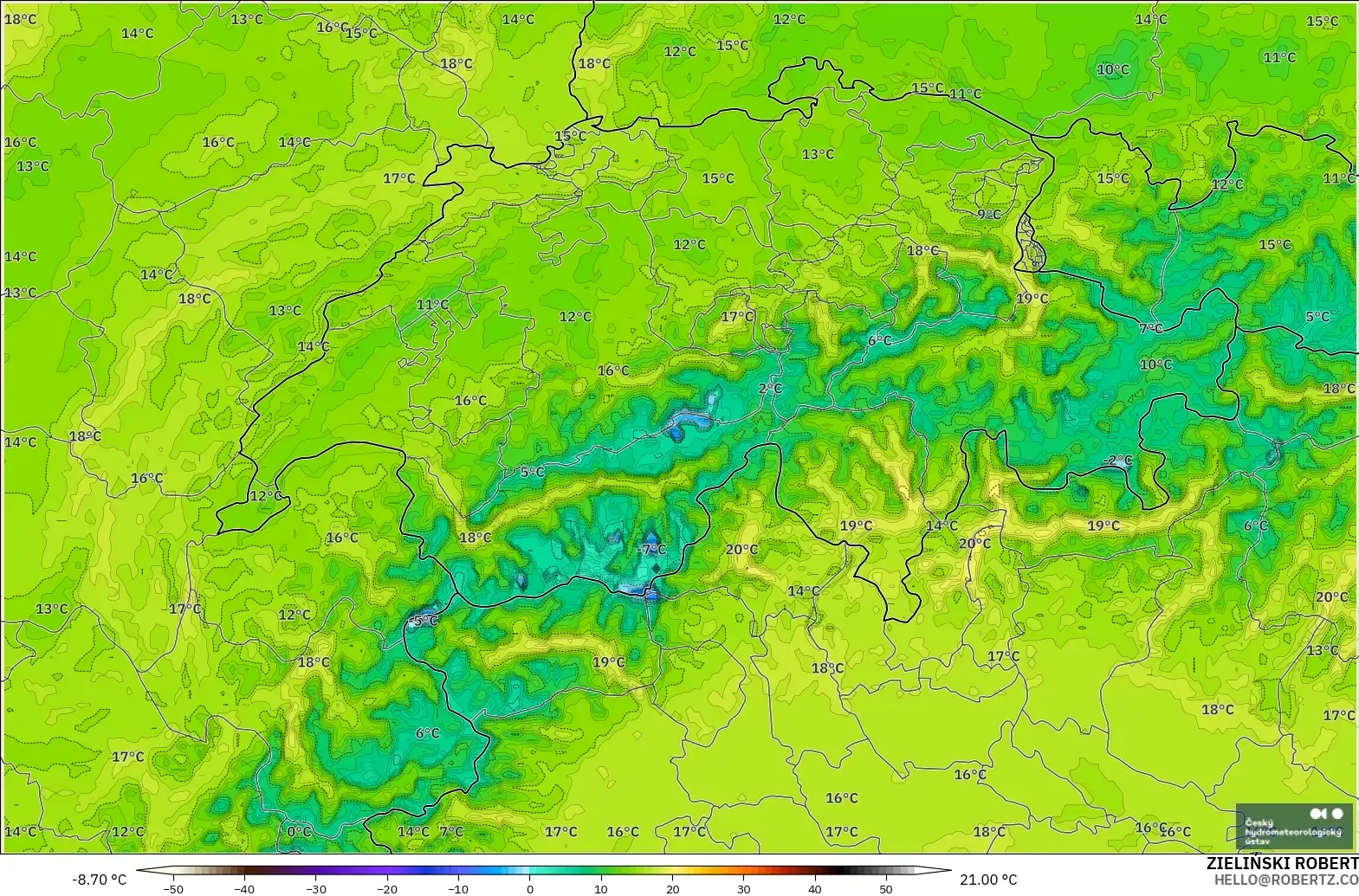 ALADIN CZ 2.3 km model - İsviçre, 2 m Sıcaklık