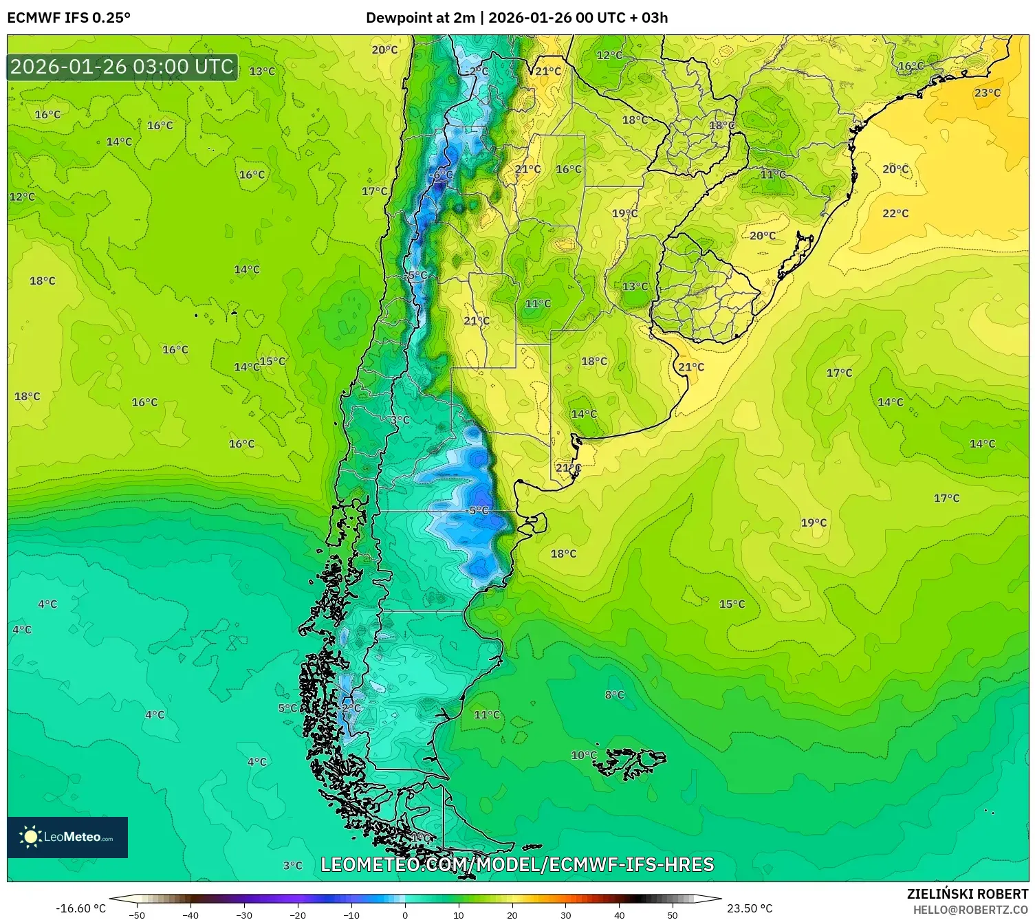 ECMWF IFS 0.25° model - Arjantin, 2 m Çiy Noktası
