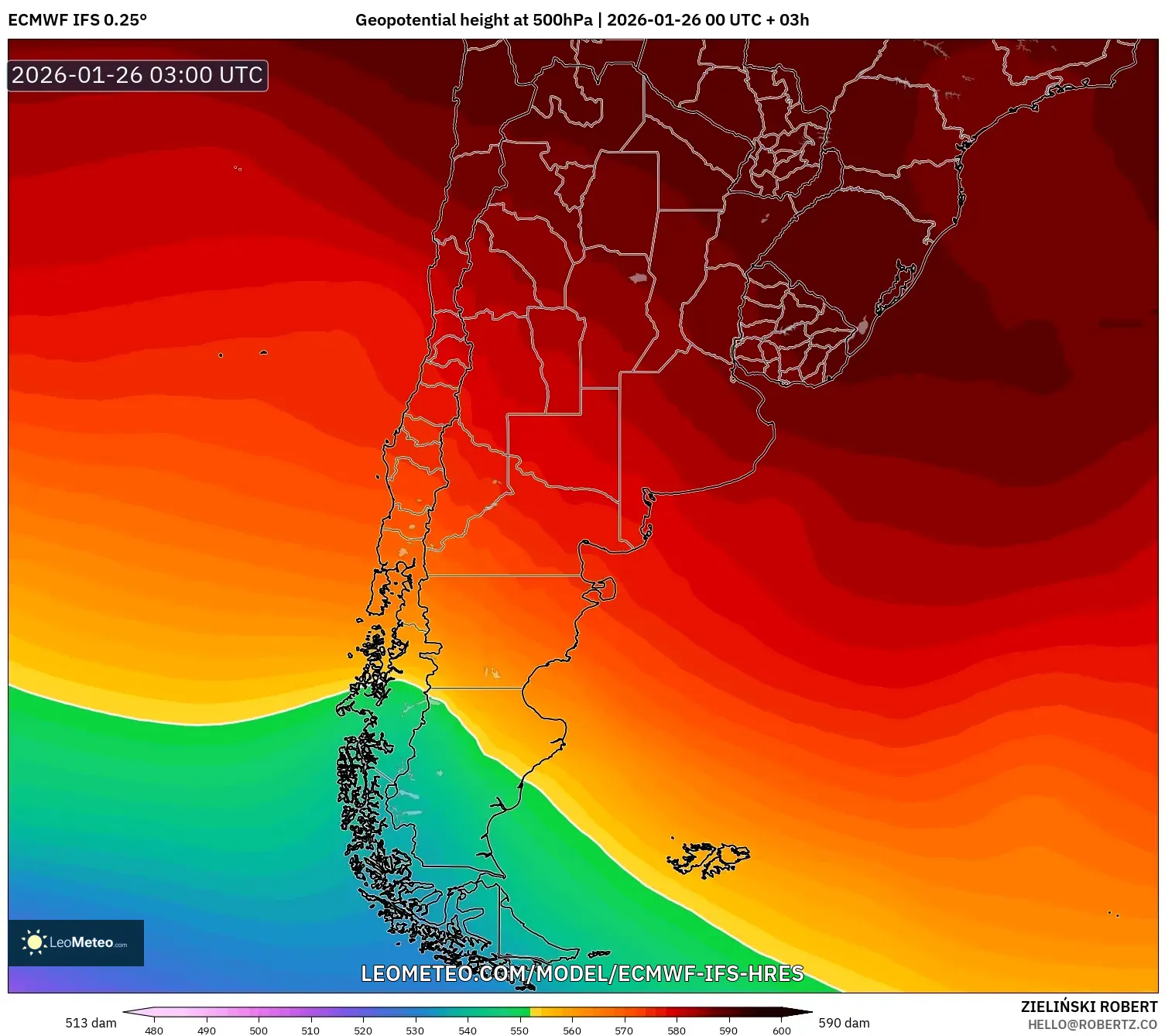 ECMWF IFS 0.25° model - Arjantin, 500 hPa’da jeopotansiyel yükseklik