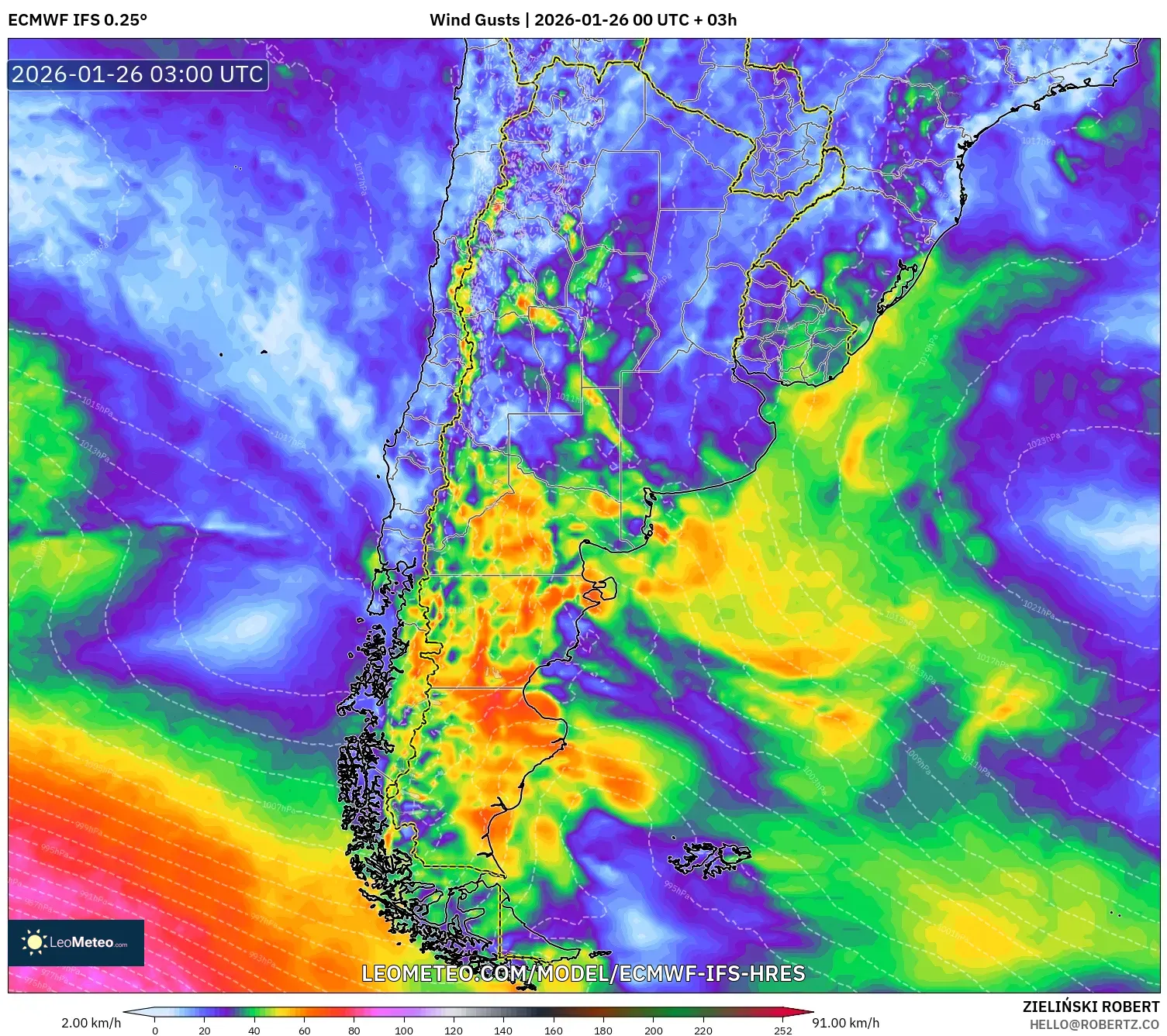 ECMWF IFS 0.25° model - Arjantin, Rüzgâr Esintileri