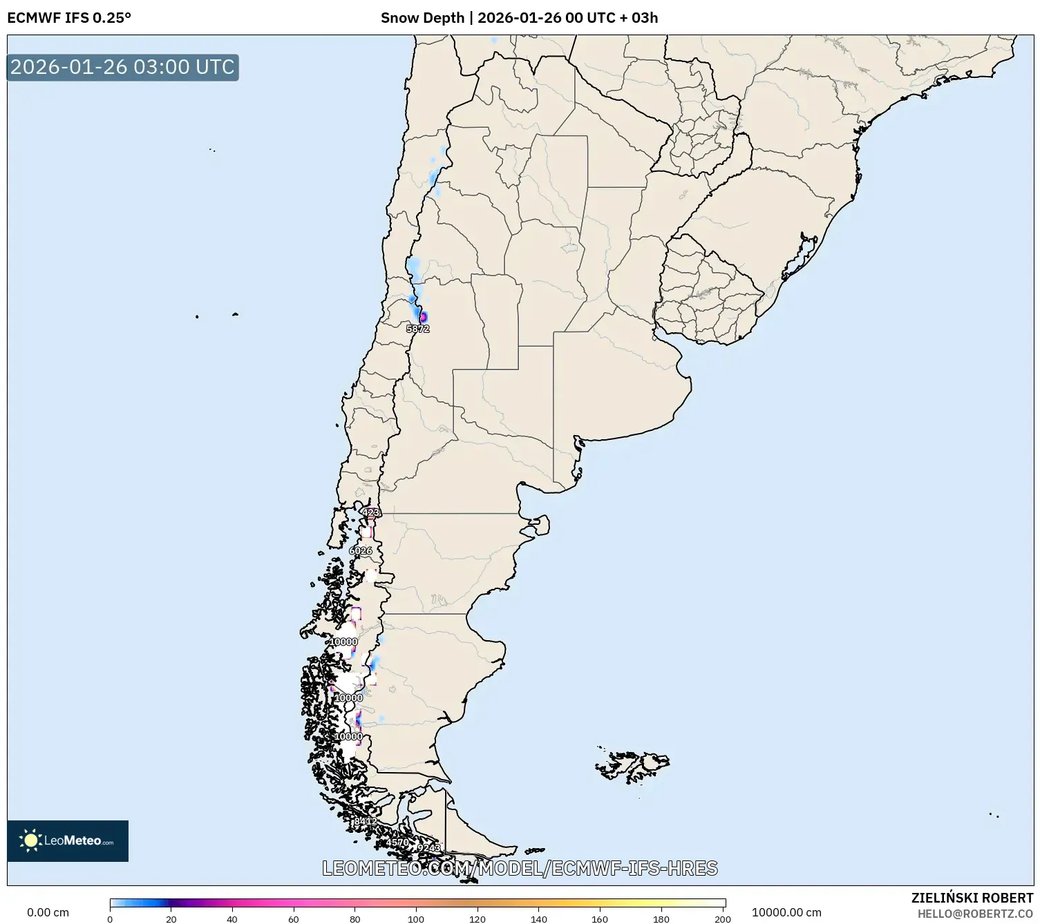 ECMWF IFS 0.25° model - Arjantin, Kar Kalınlığı