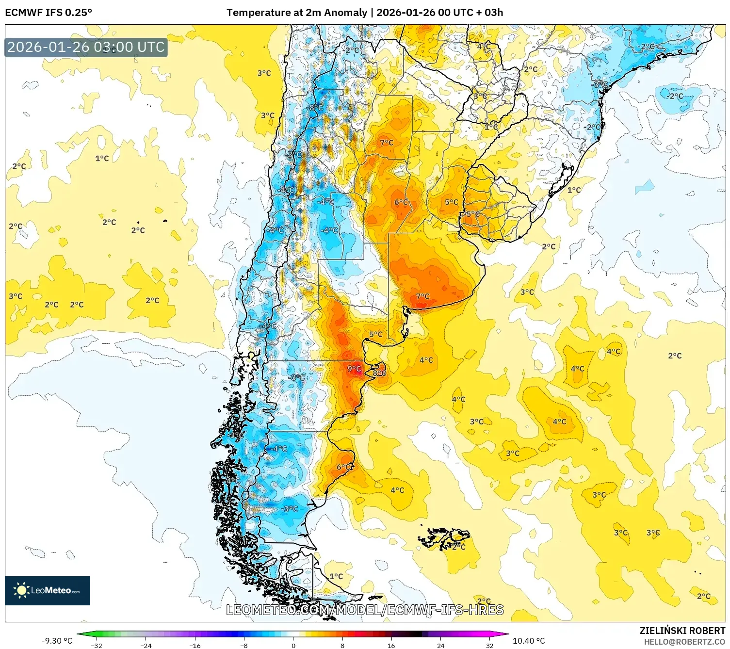 ECMWF IFS 0.25° model - Arjantin, 2 m Sıcaklık Anomalisi