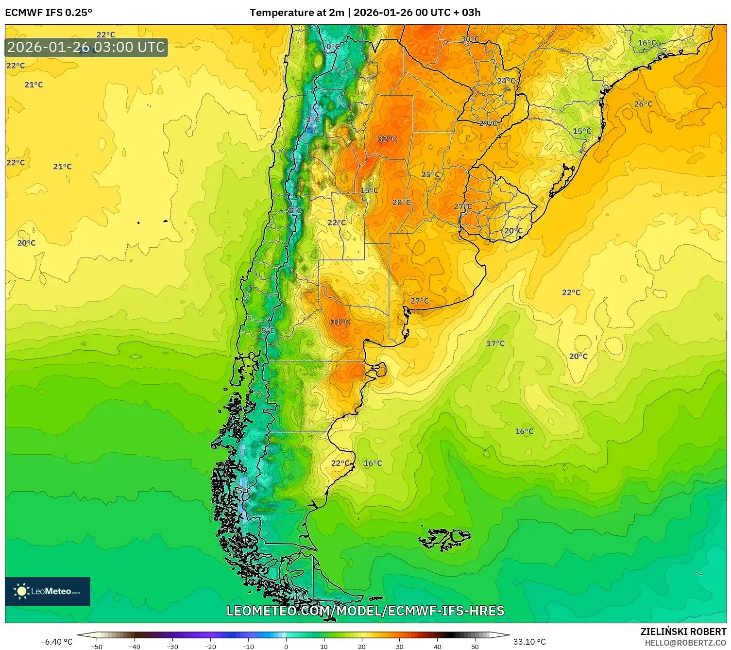 ECMWF IFS 0.25° model - Arjantin, 2 m Sıcaklık