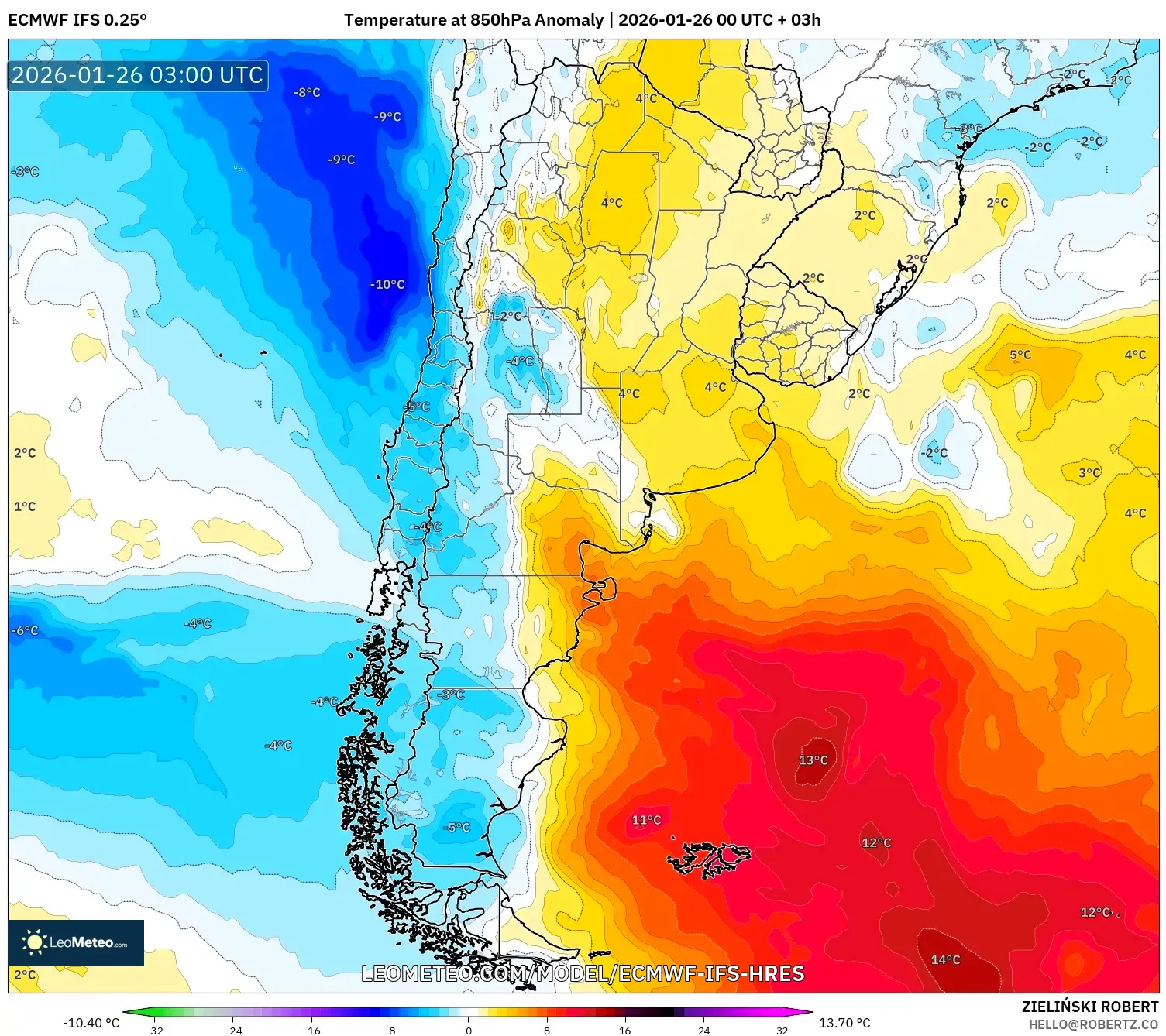 ECMWF IFS 0.25° model - Arjantin, 850 hPa Sıcaklık Anomalisi