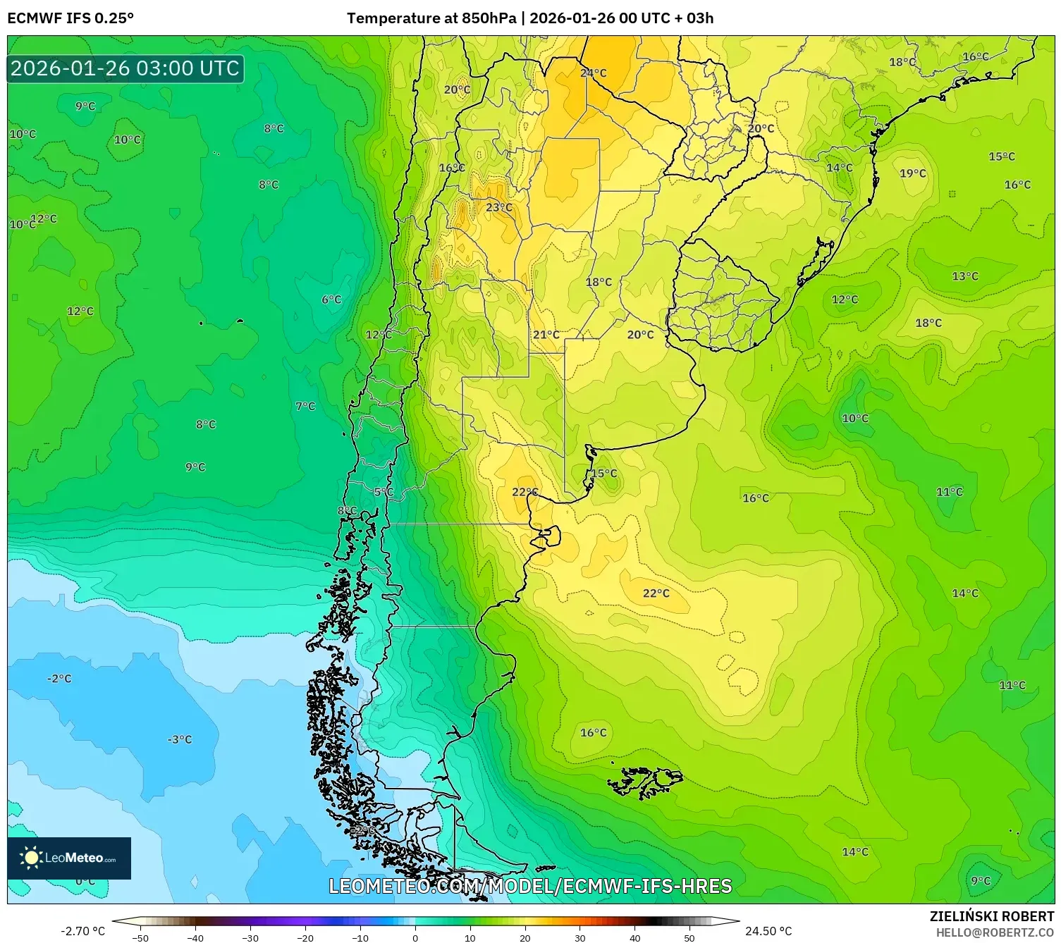ECMWF IFS 0.25° model - Arjantin, 850 hPa Sıcaklık