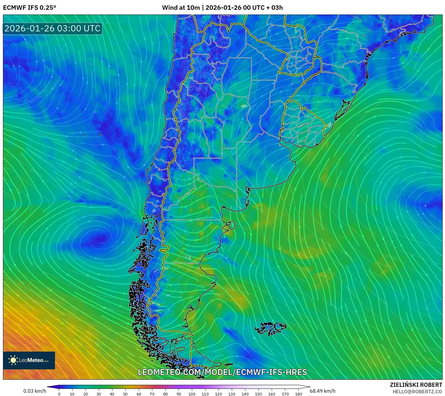 ECMWF IFS 0.25° model - Arjantin, 10 m Rüzgâr
