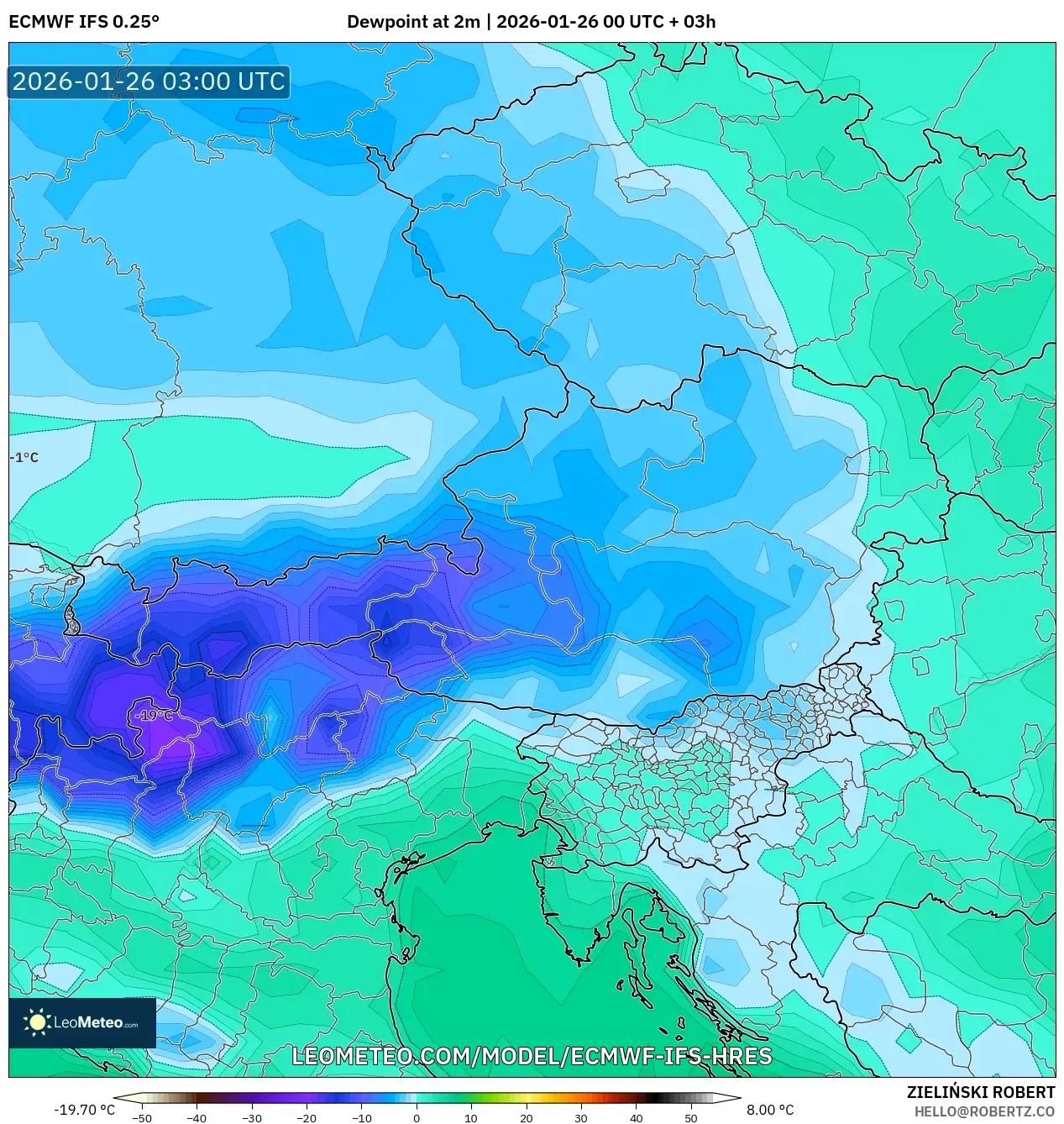 ECMWF IFS 0.25° model - Avusturya, 2 m Çiy Noktası