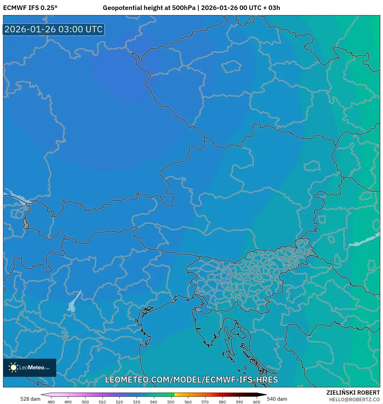 ECMWF IFS 0.25° model - Avusturya, 500 hPa’da jeopotansiyel yükseklik