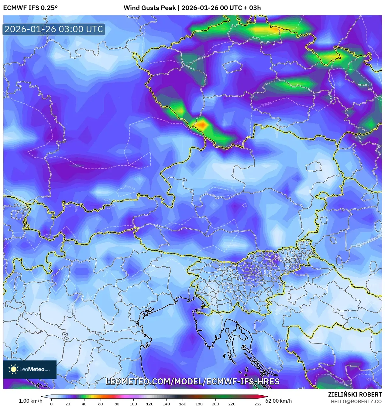 ECMWF IFS 0.25° model - Avusturya, En Yüksek Rüzgâr