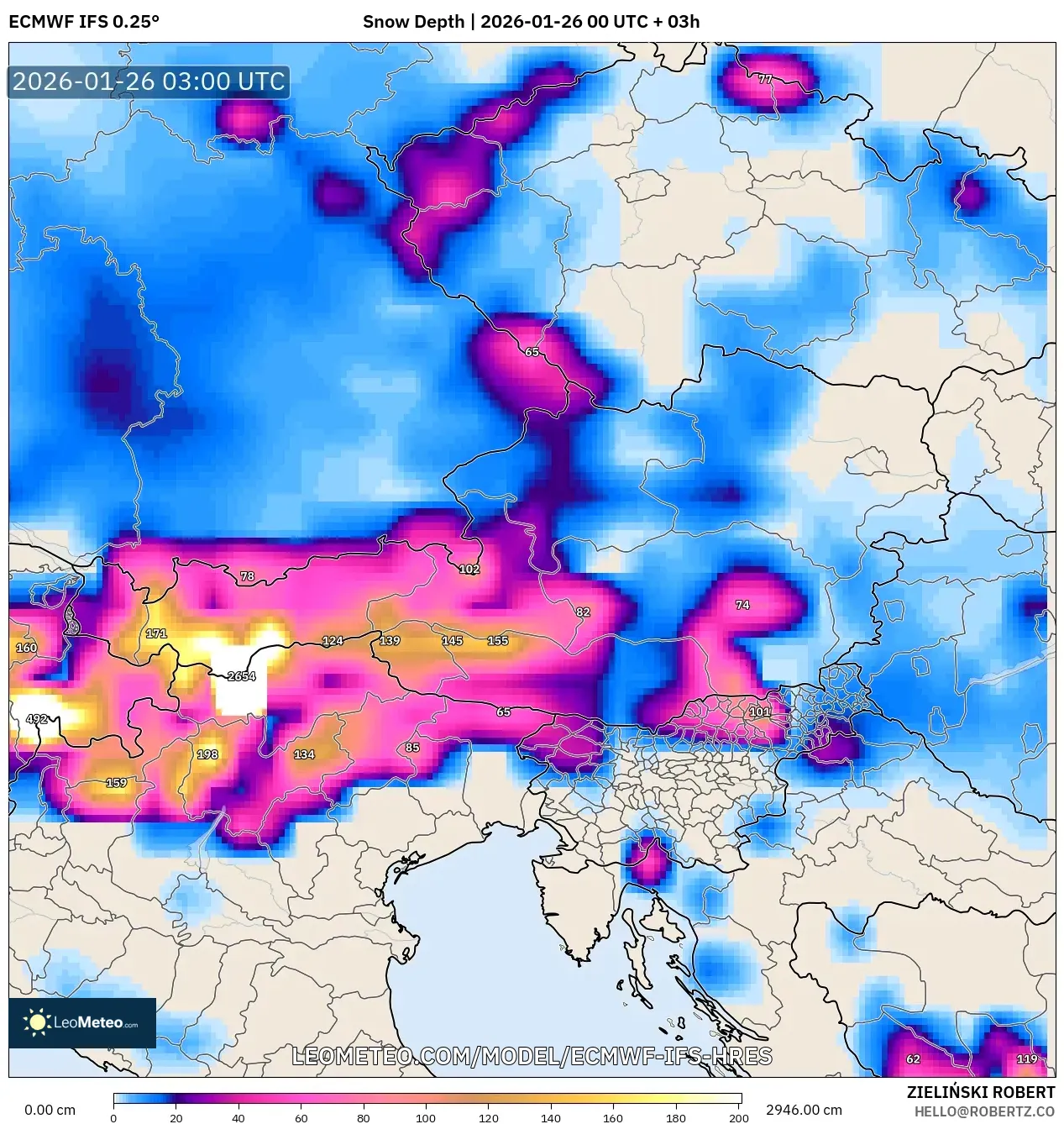 ECMWF IFS 0.25° model - Avusturya, Kar Kalınlığı