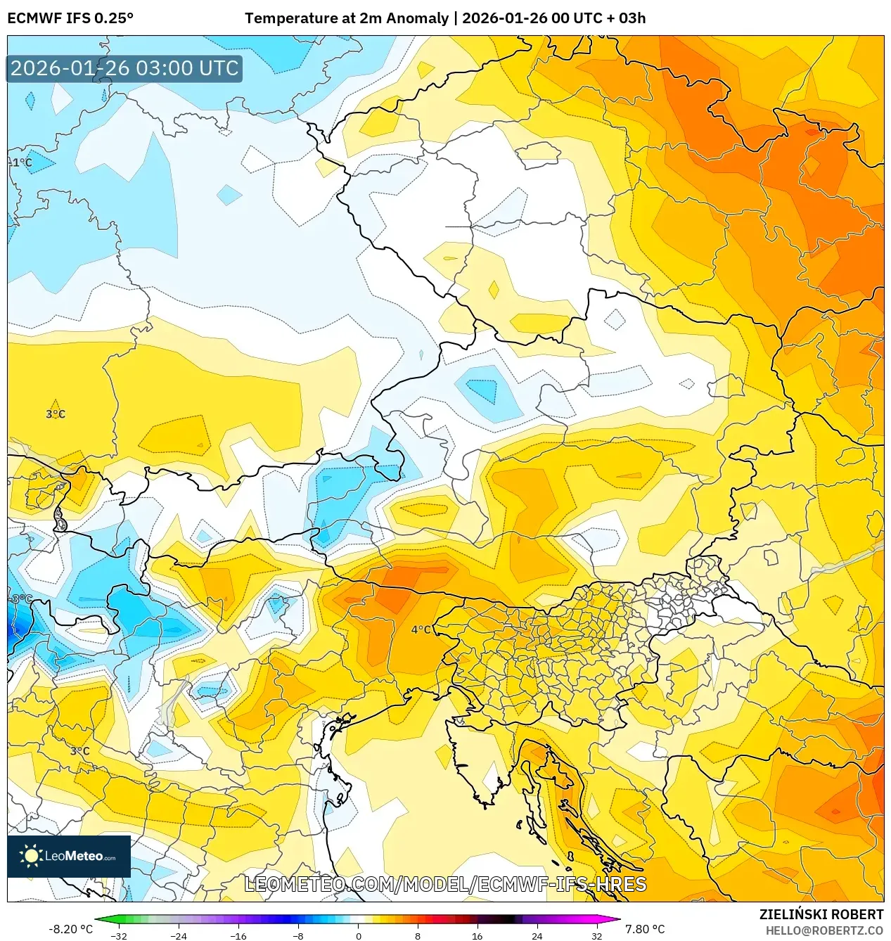ECMWF IFS 0.25° model - Avusturya, 2 m Sıcaklık Anomalisi