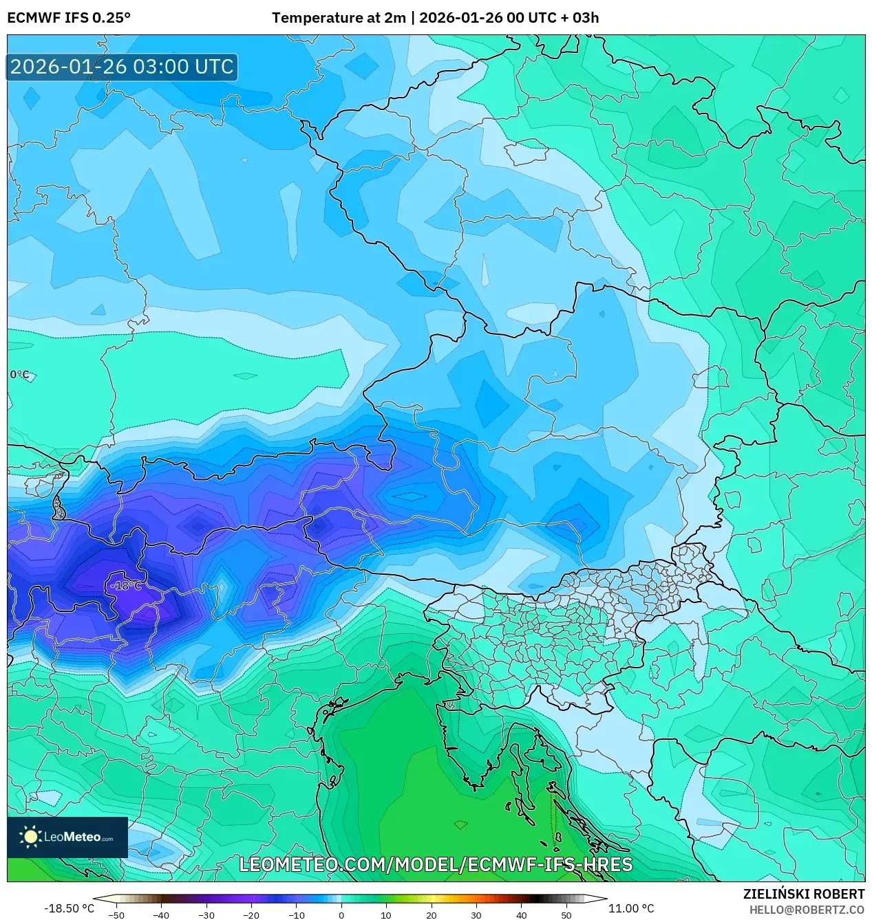 ECMWF IFS 0.25° model - Avusturya, 2 m Sıcaklık