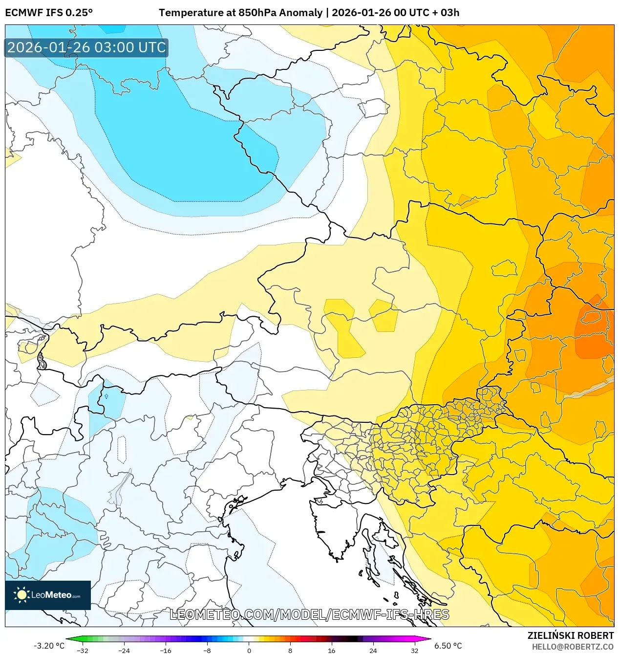 ECMWF IFS 0.25° model - Avusturya, 850 hPa Sıcaklık Anomalisi