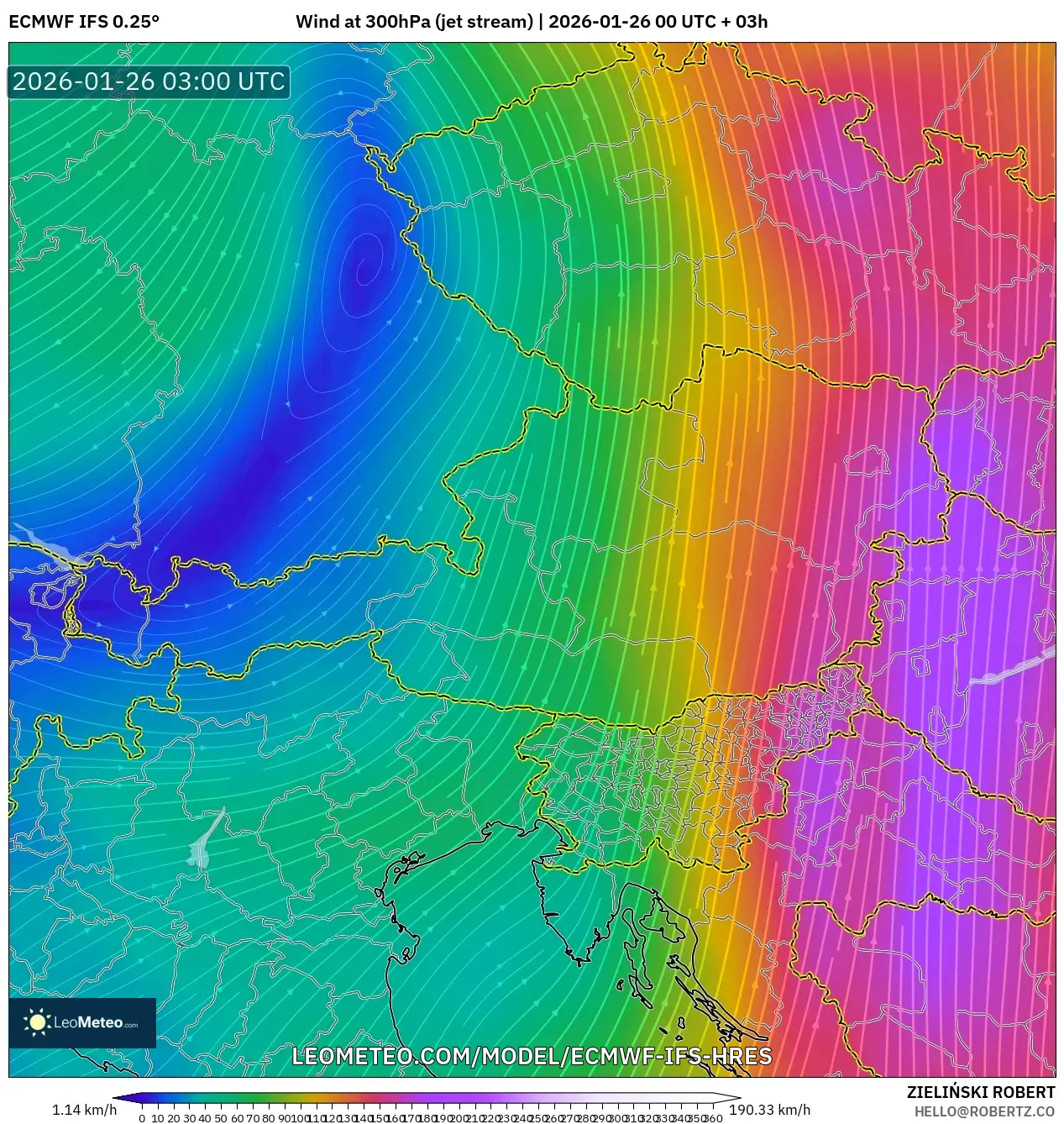 ECMWF IFS 0.25° model - Avusturya, 300 hPa Rüzgârı (jet)