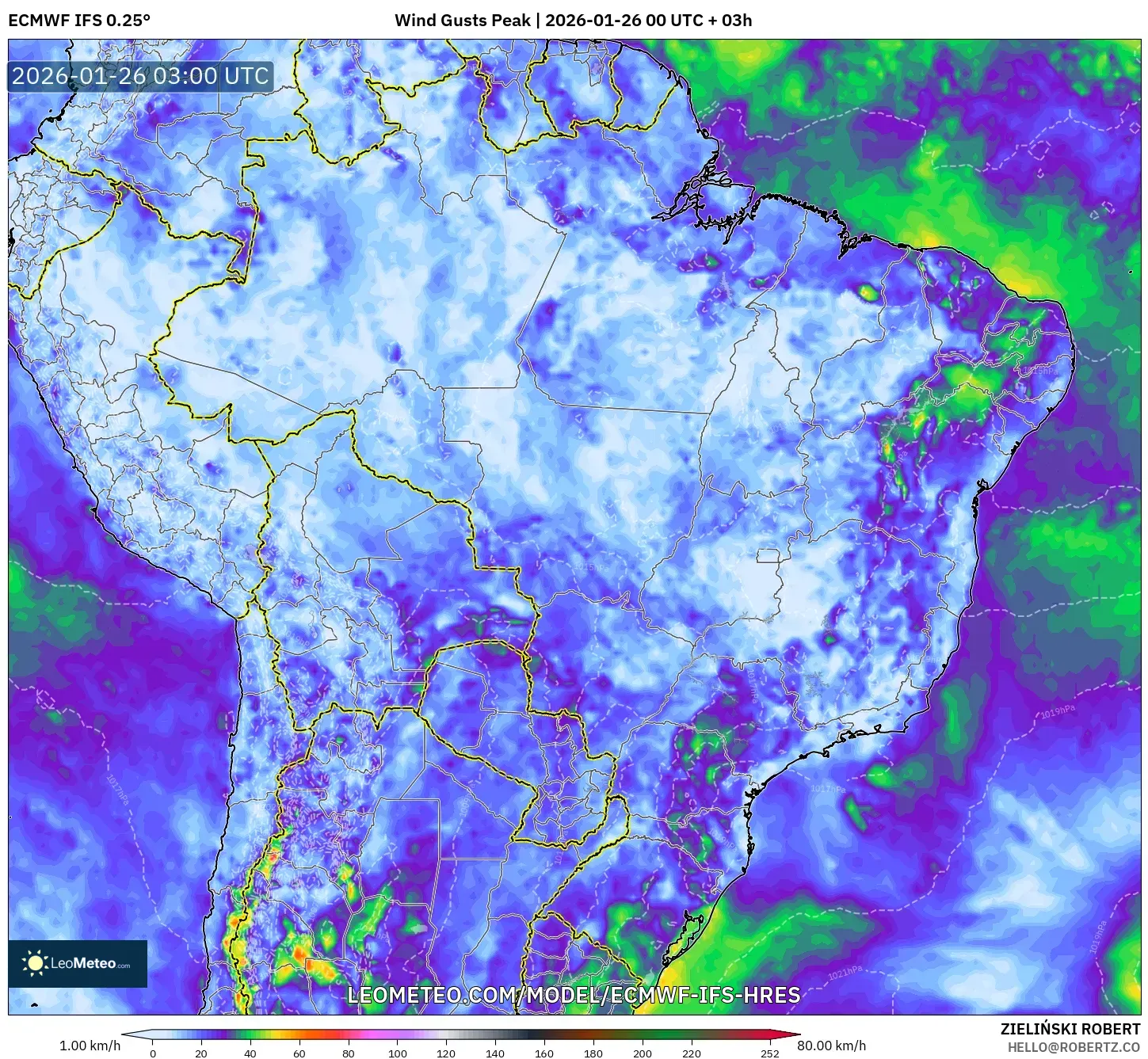 ECMWF IFS 0.25° model - Brezilya, En Yüksek Rüzgâr