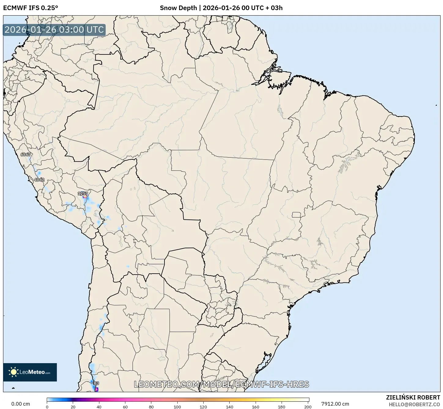ECMWF IFS 0.25° model - Brezilya, Kar Kalınlığı