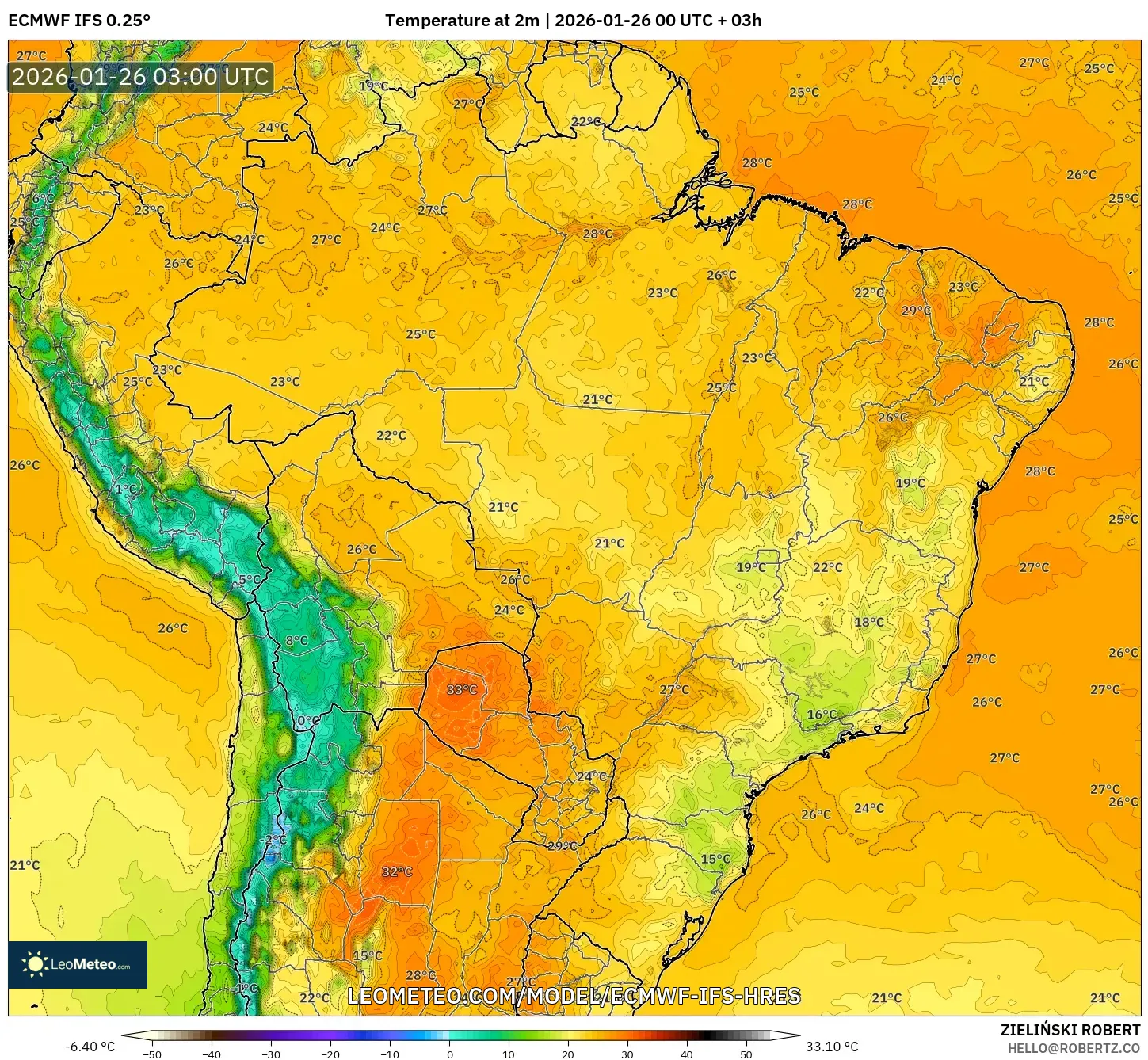ECMWF IFS 0.25° model - Brezilya, 2 m Sıcaklık