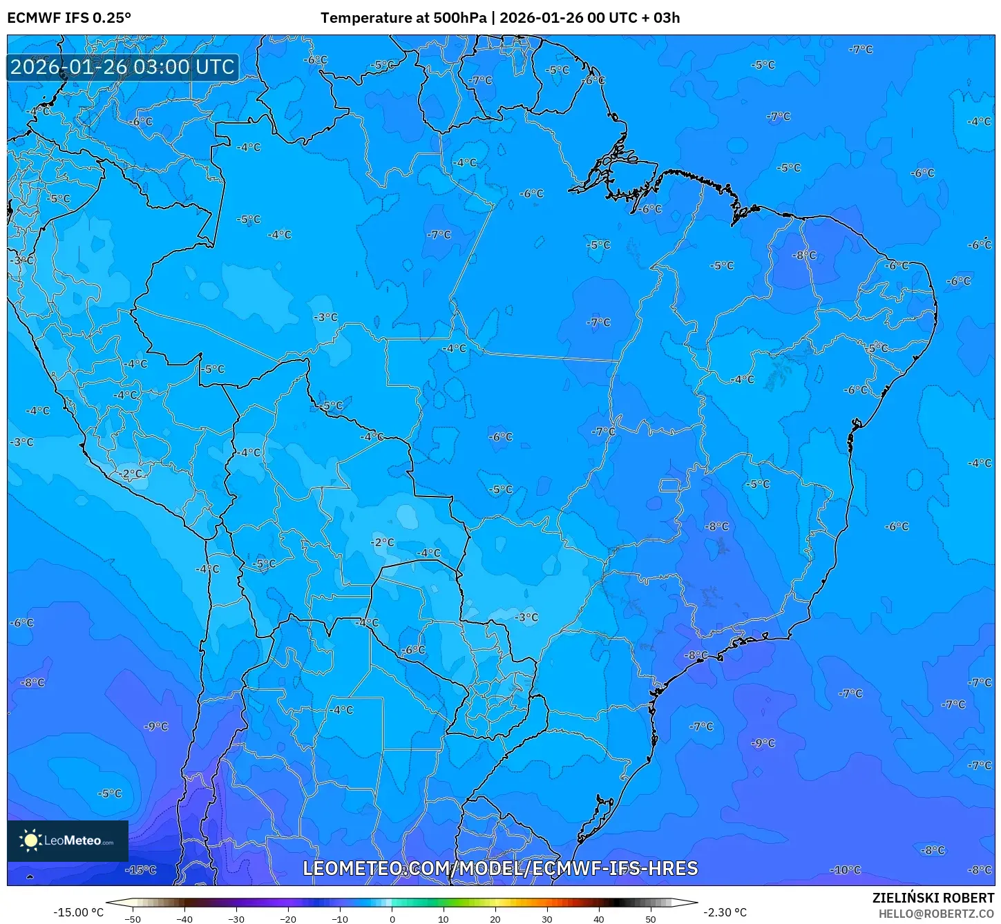 ECMWF IFS 0.25° model - Brezilya, 500 hPa Sıcaklık