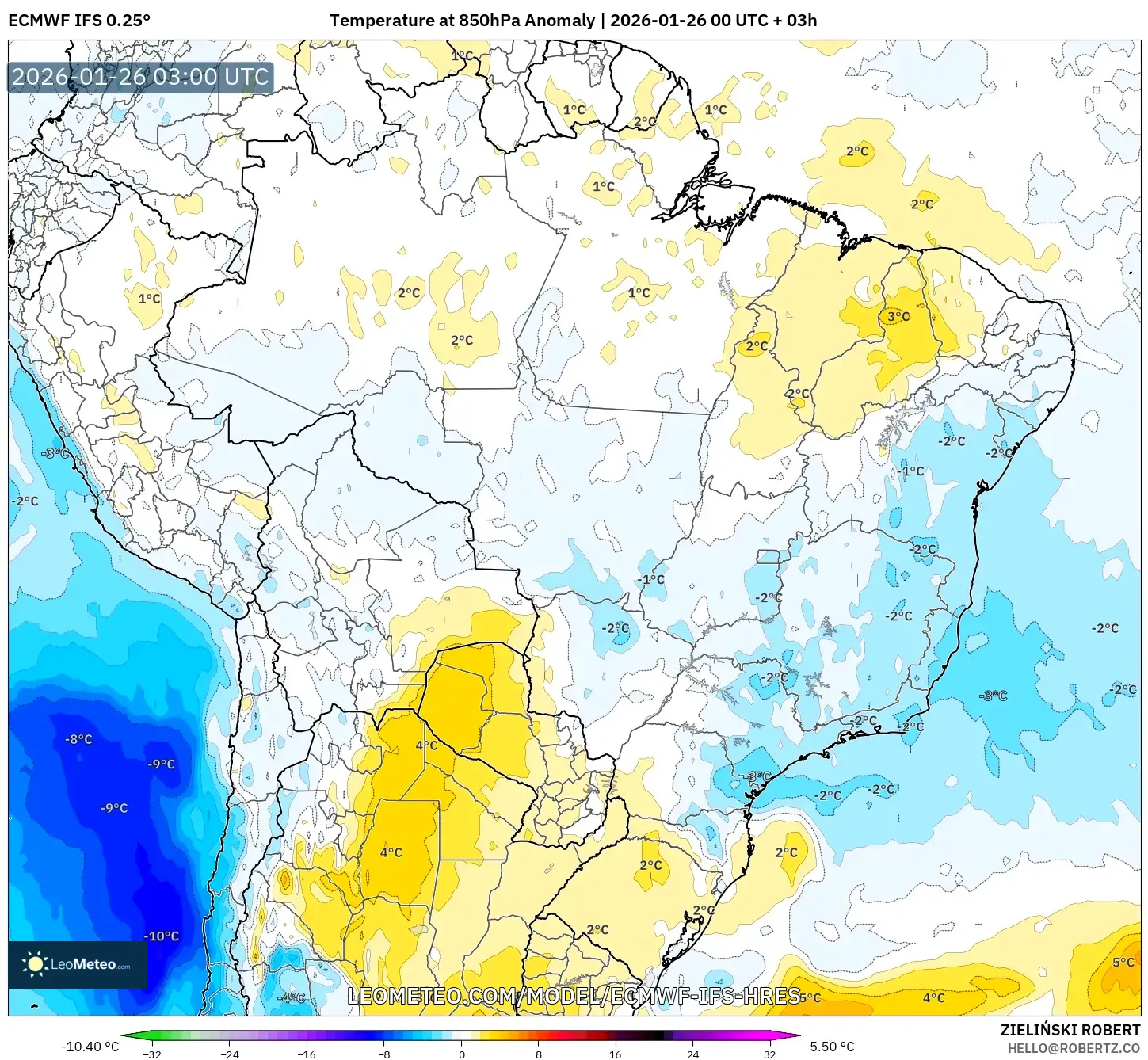 ECMWF IFS 0.25° model - Brezilya, 850 hPa Sıcaklık Anomalisi