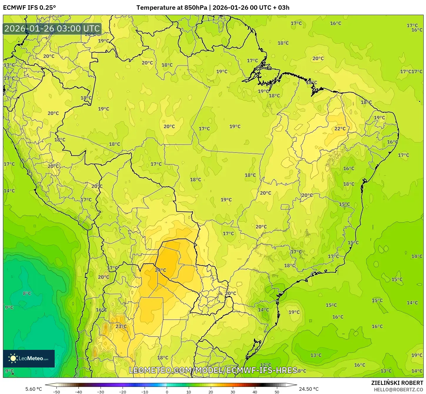 ECMWF IFS 0.25° model - Brezilya, 850 hPa Sıcaklık