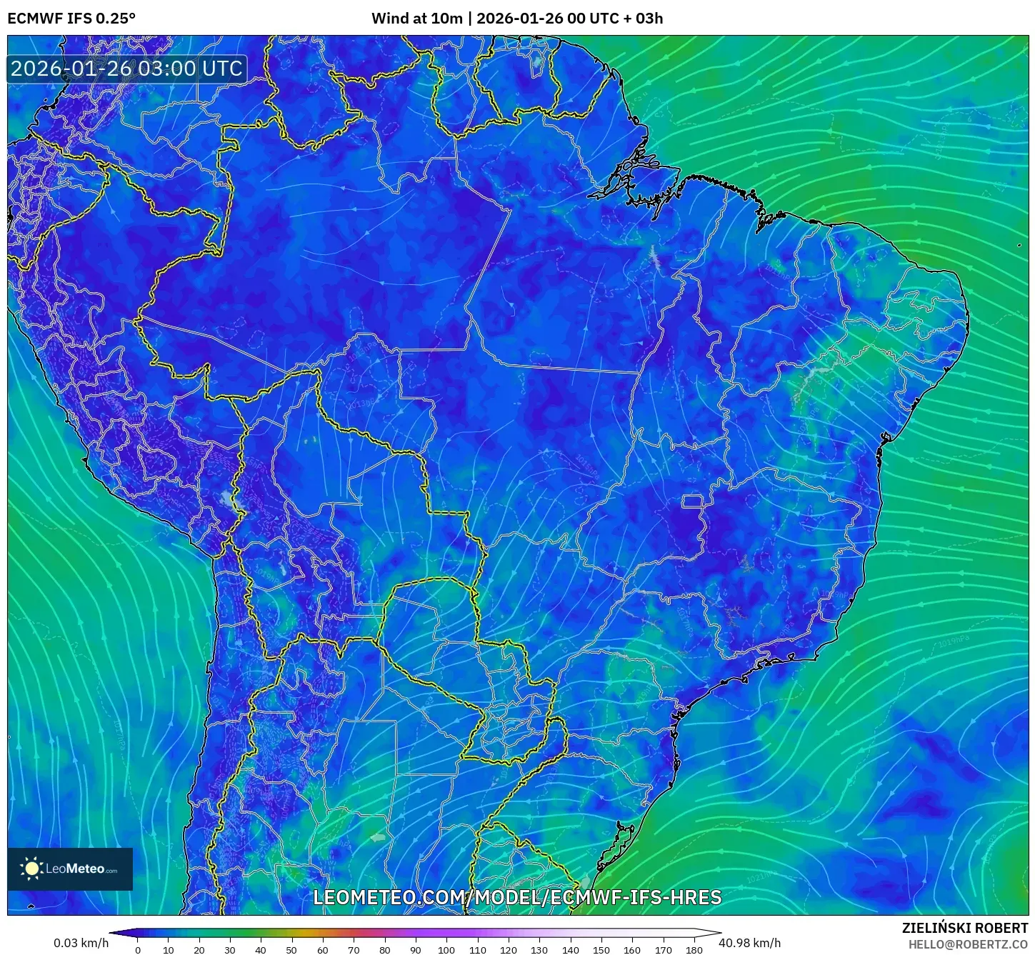 ECMWF IFS 0.25° model - Brezilya, 10 m Rüzgâr