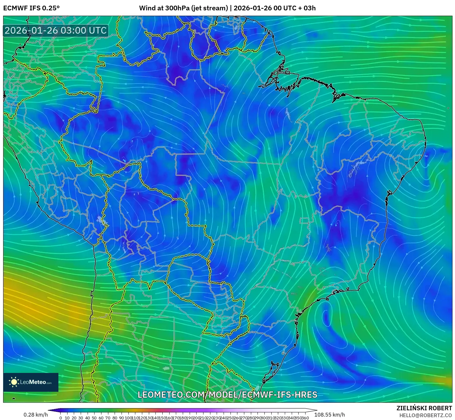 ECMWF IFS 0.25° model - Brezilya, 300 hPa Rüzgârı (jet)