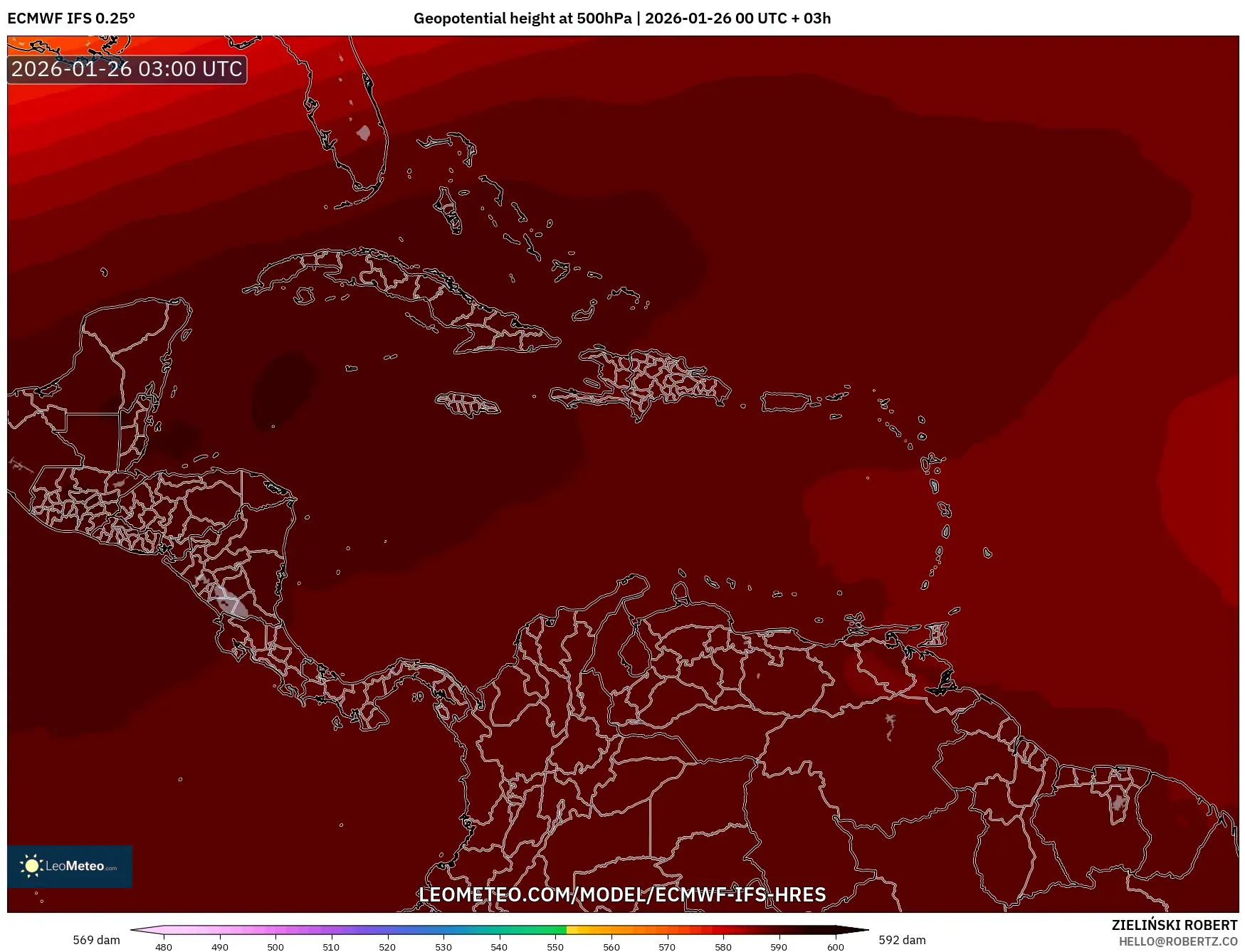 ECMWF IFS 0.25° model - Karayipler, 500 hPa’da jeopotansiyel yükseklik