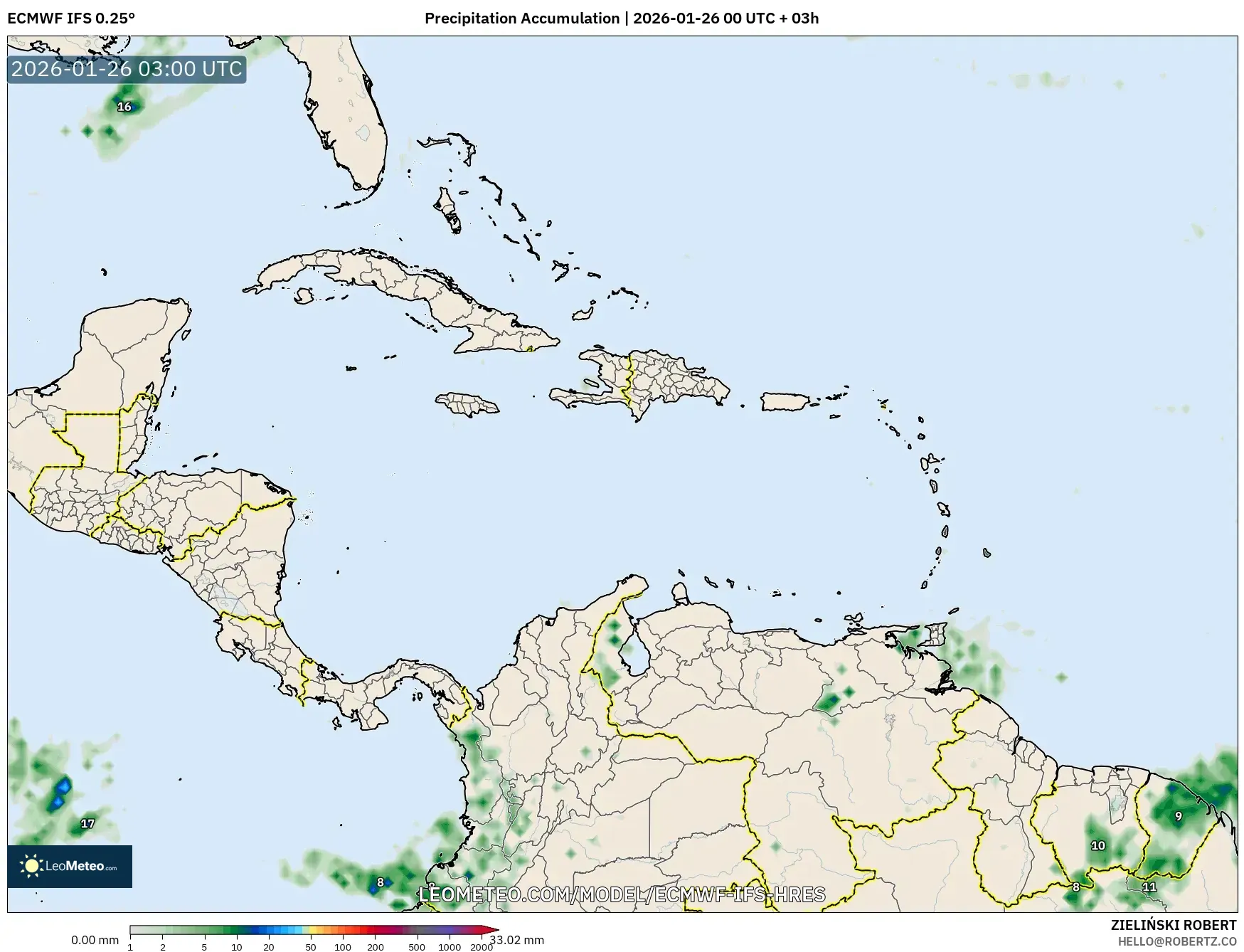 ECMWF IFS 0.25° model - Karayipler, Yağış Birikimi