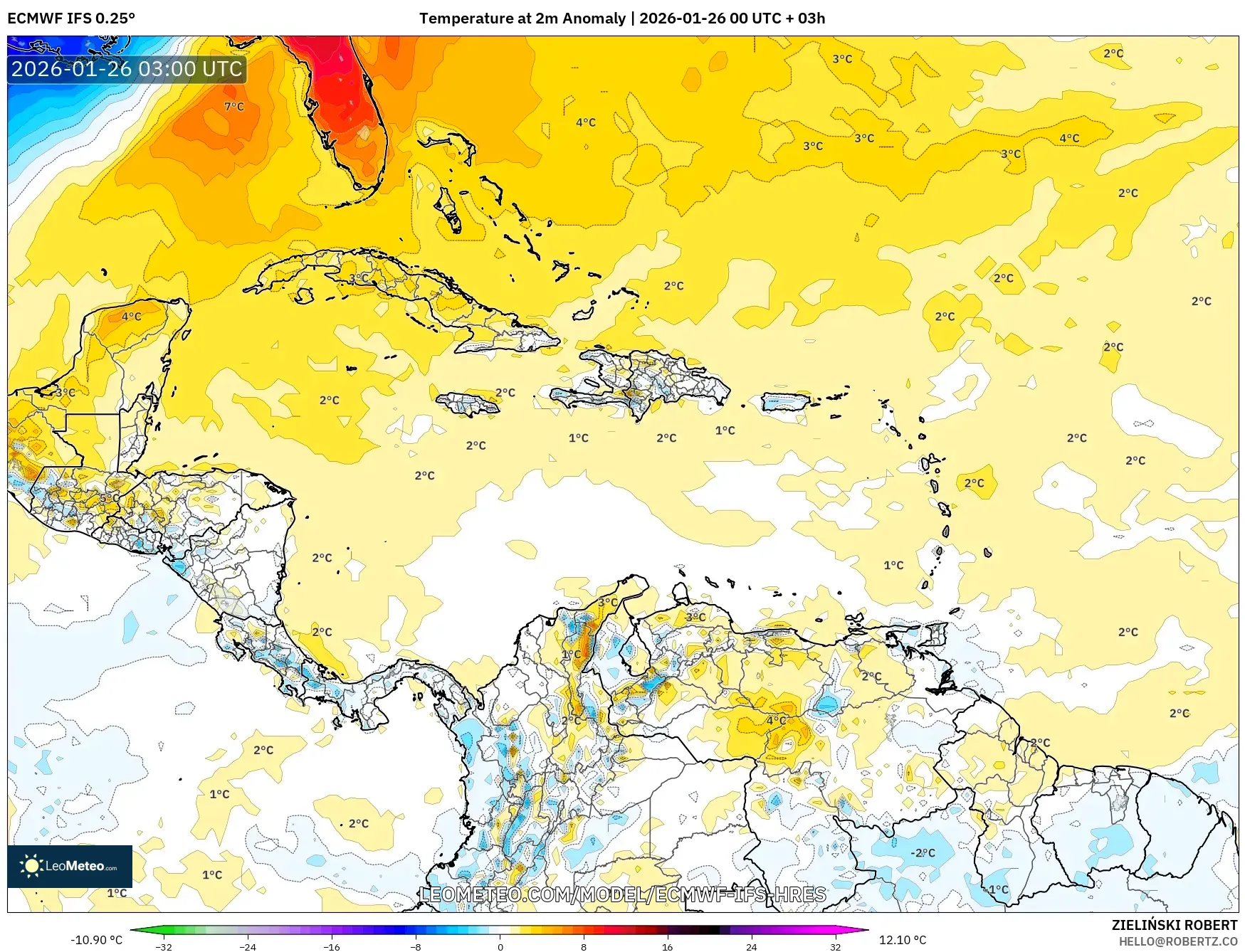 ECMWF IFS 0.25° model - Karayipler, 2 m Sıcaklık Anomalisi