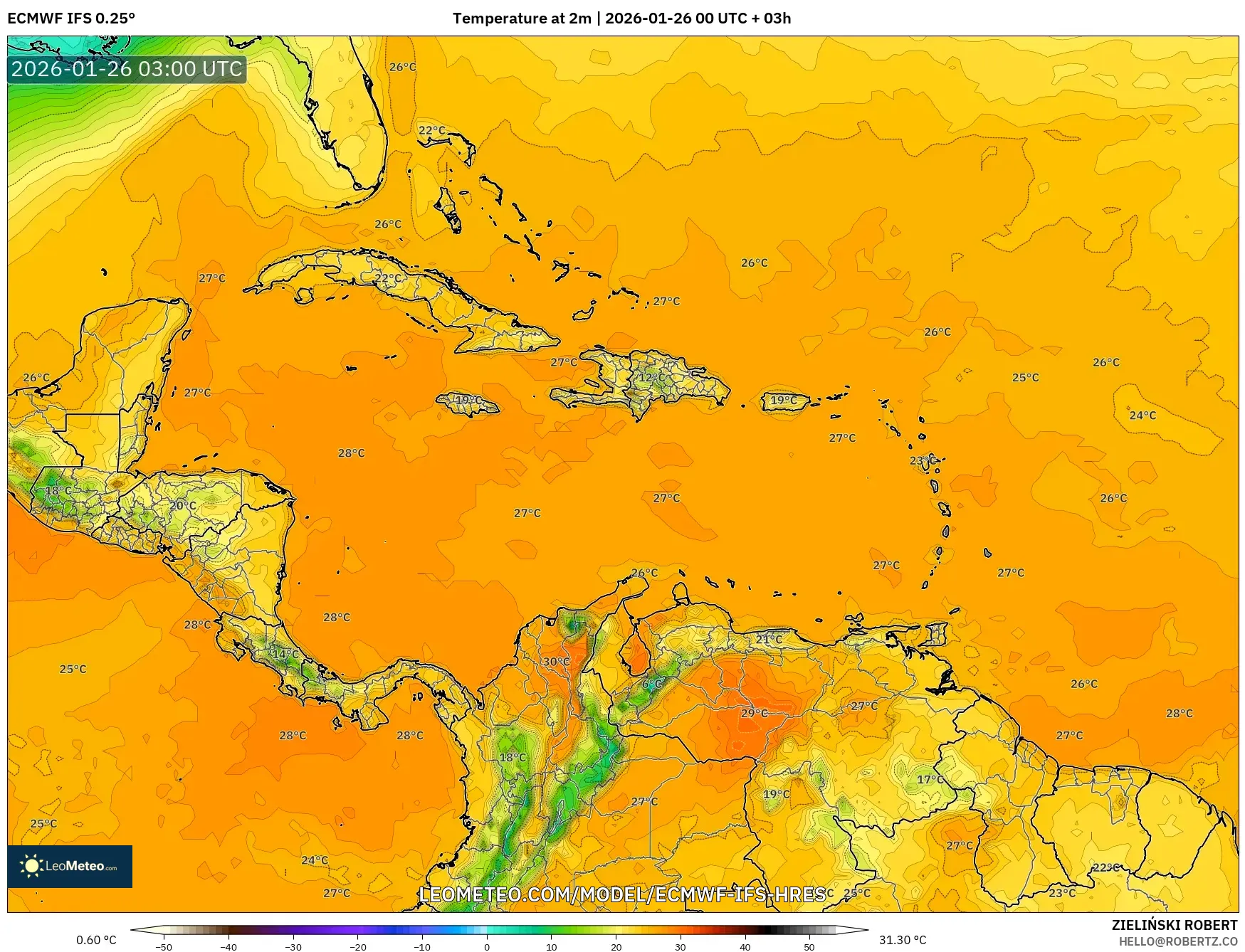 ECMWF IFS 0.25° model - Karayipler, 2 m Sıcaklık