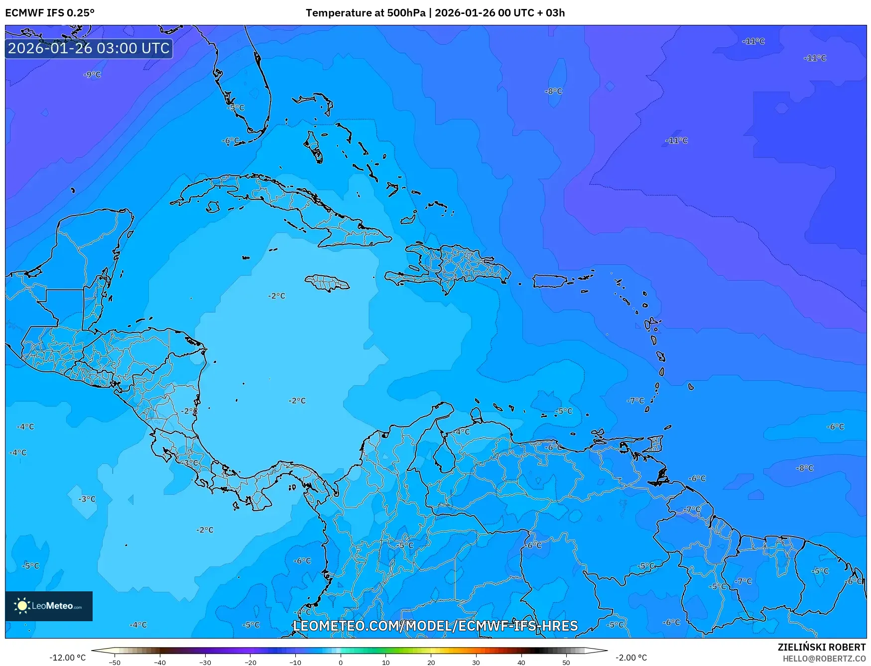 ECMWF IFS 0.25° model - Karayipler, 500 hPa Sıcaklık