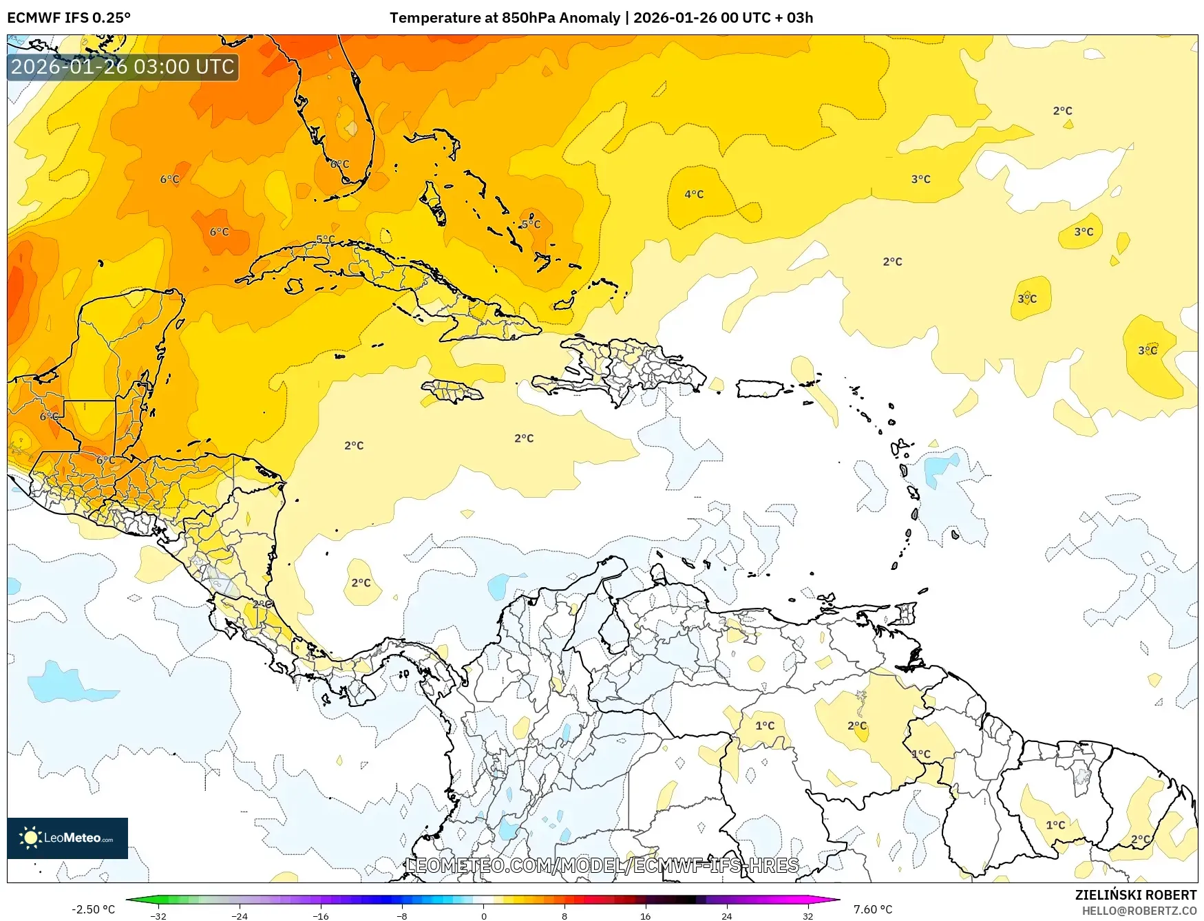 ECMWF IFS 0.25° model - Karayipler, 850 hPa Sıcaklık Anomalisi