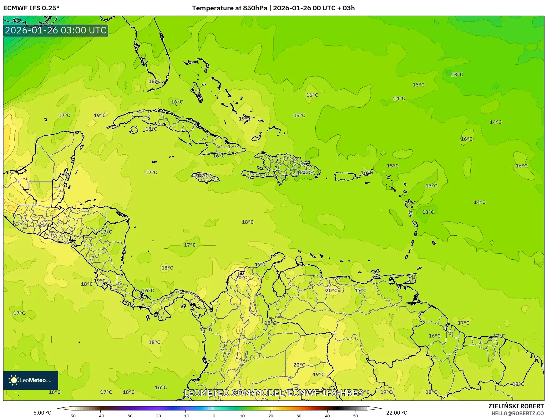 ECMWF IFS 0.25° model - Karayipler, 850 hPa Sıcaklık
