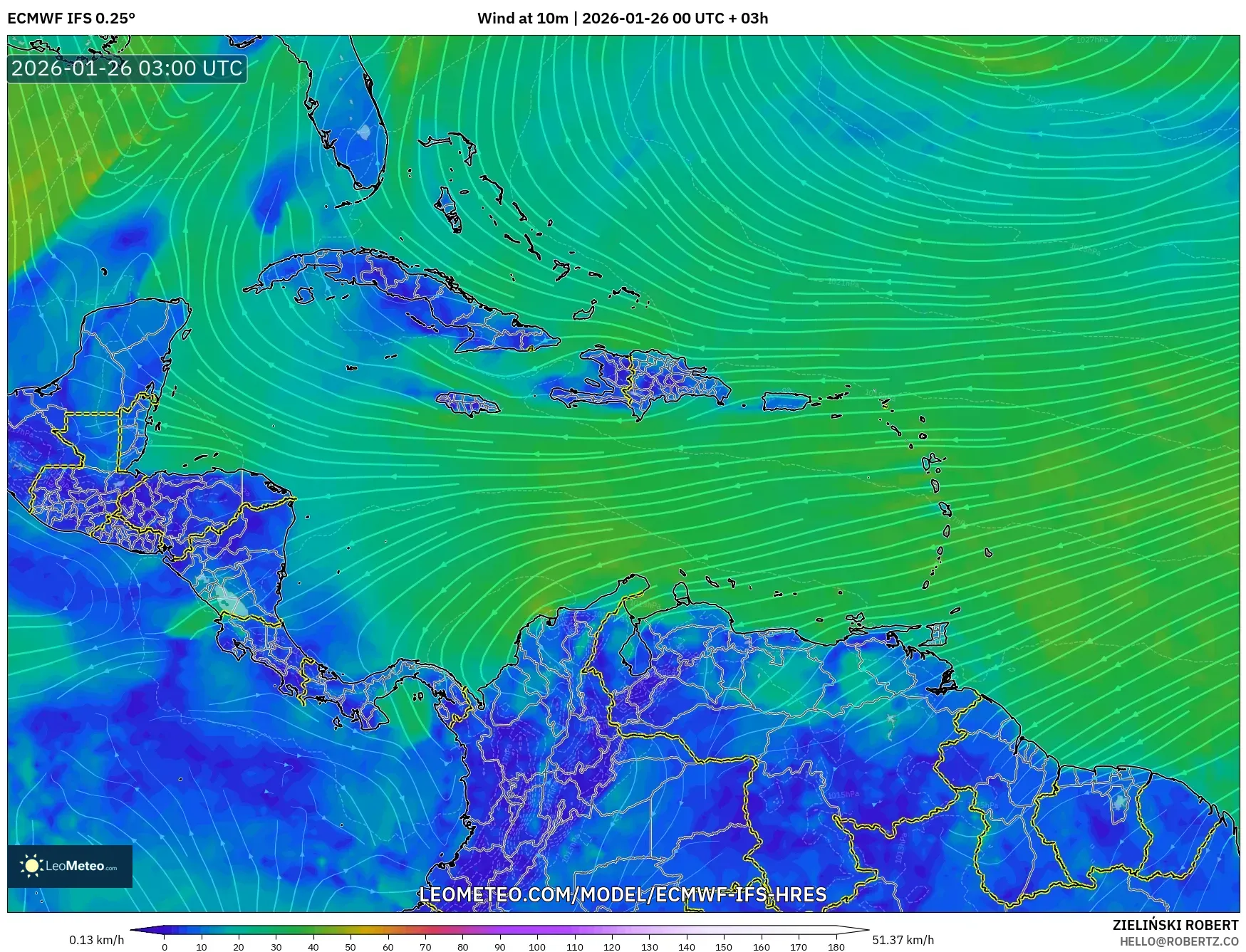 ECMWF IFS 0.25° model - Karayipler, 10 m Rüzgâr
