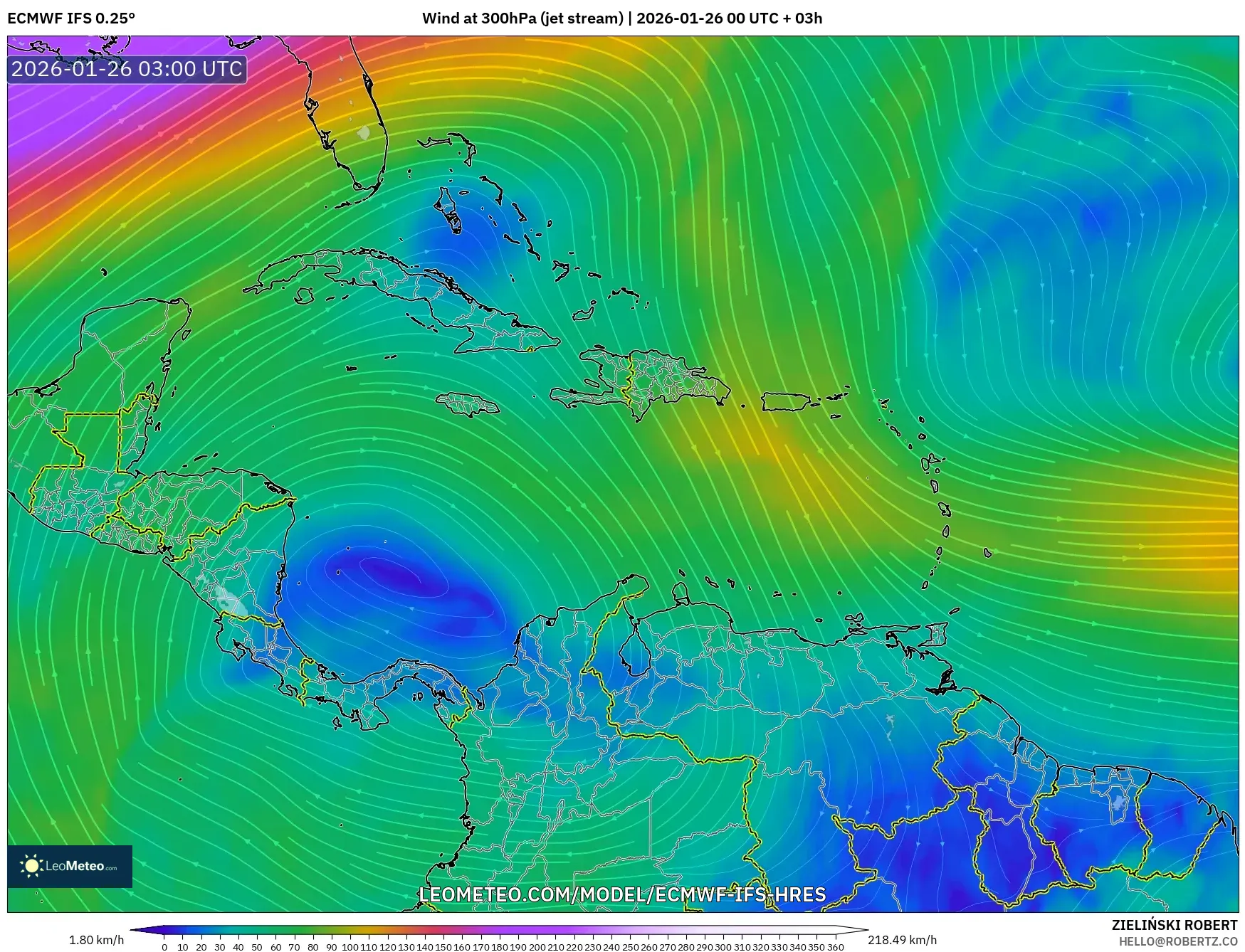 ECMWF IFS 0.25° model - Karayipler, 300 hPa Rüzgârı (jet)
