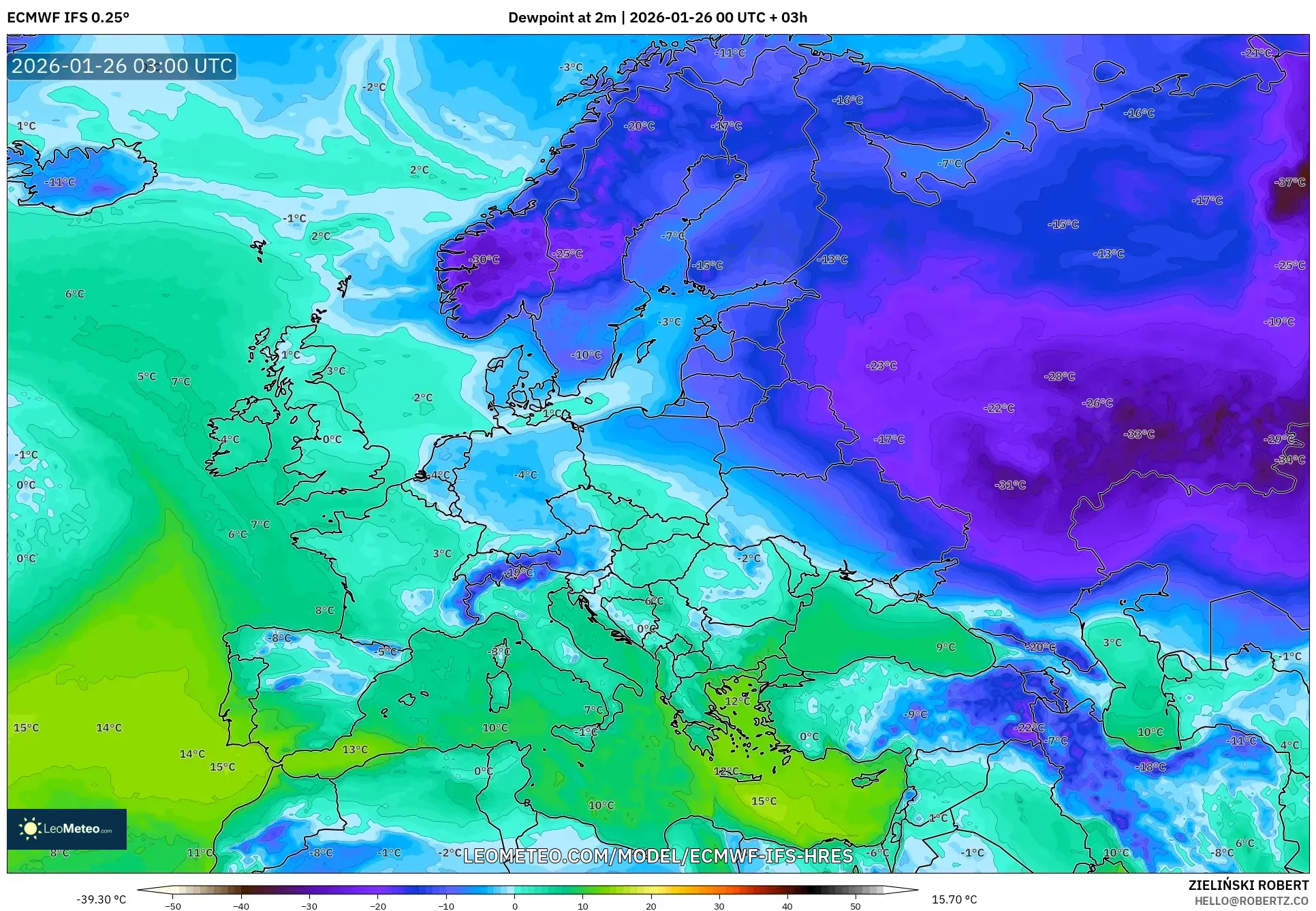 ECMWF IFS 0.25° model - Avrupa, 2 m Çiy Noktası