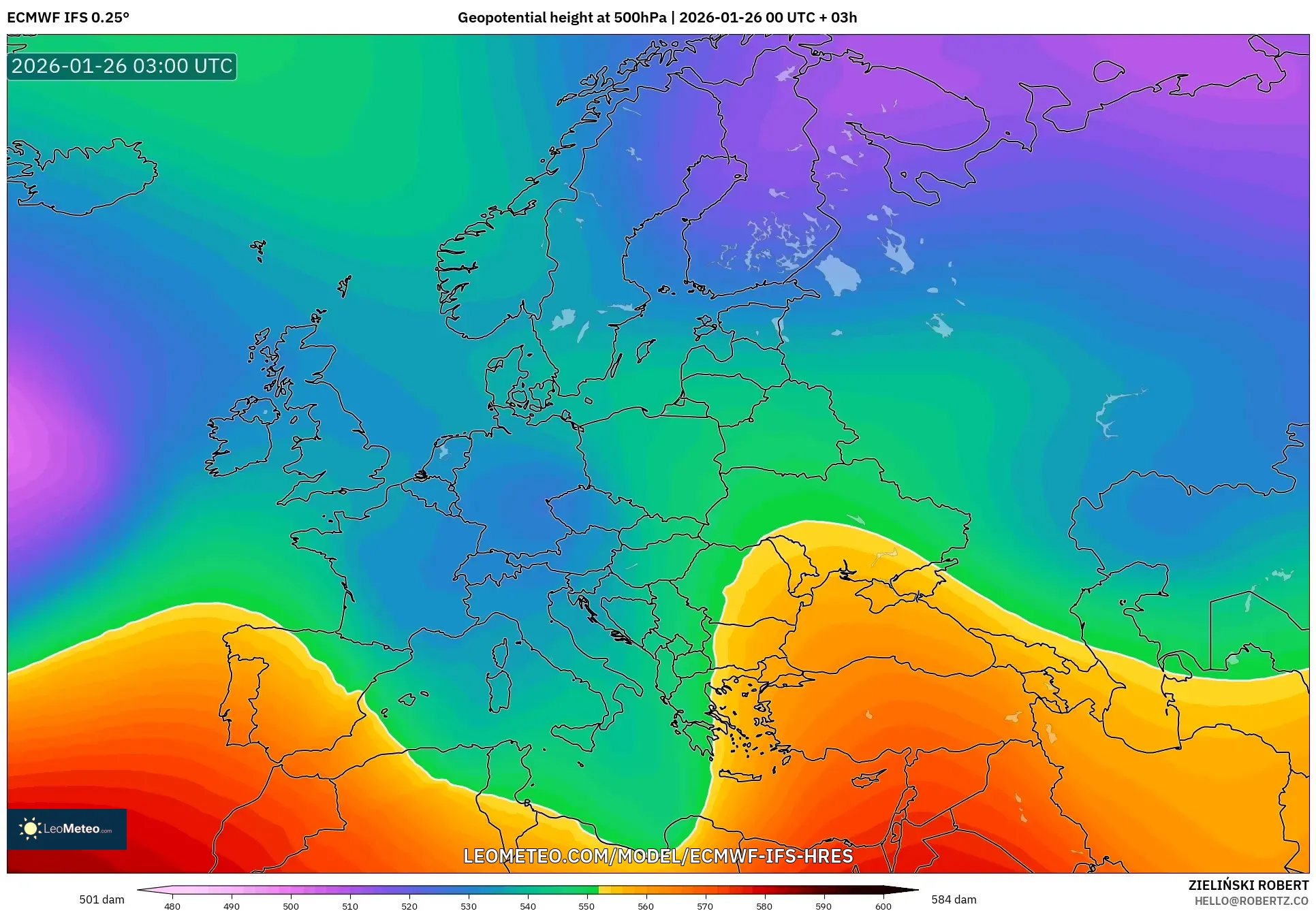 ECMWF IFS 0.25° model - Avrupa, 500 hPa’da jeopotansiyel yükseklik