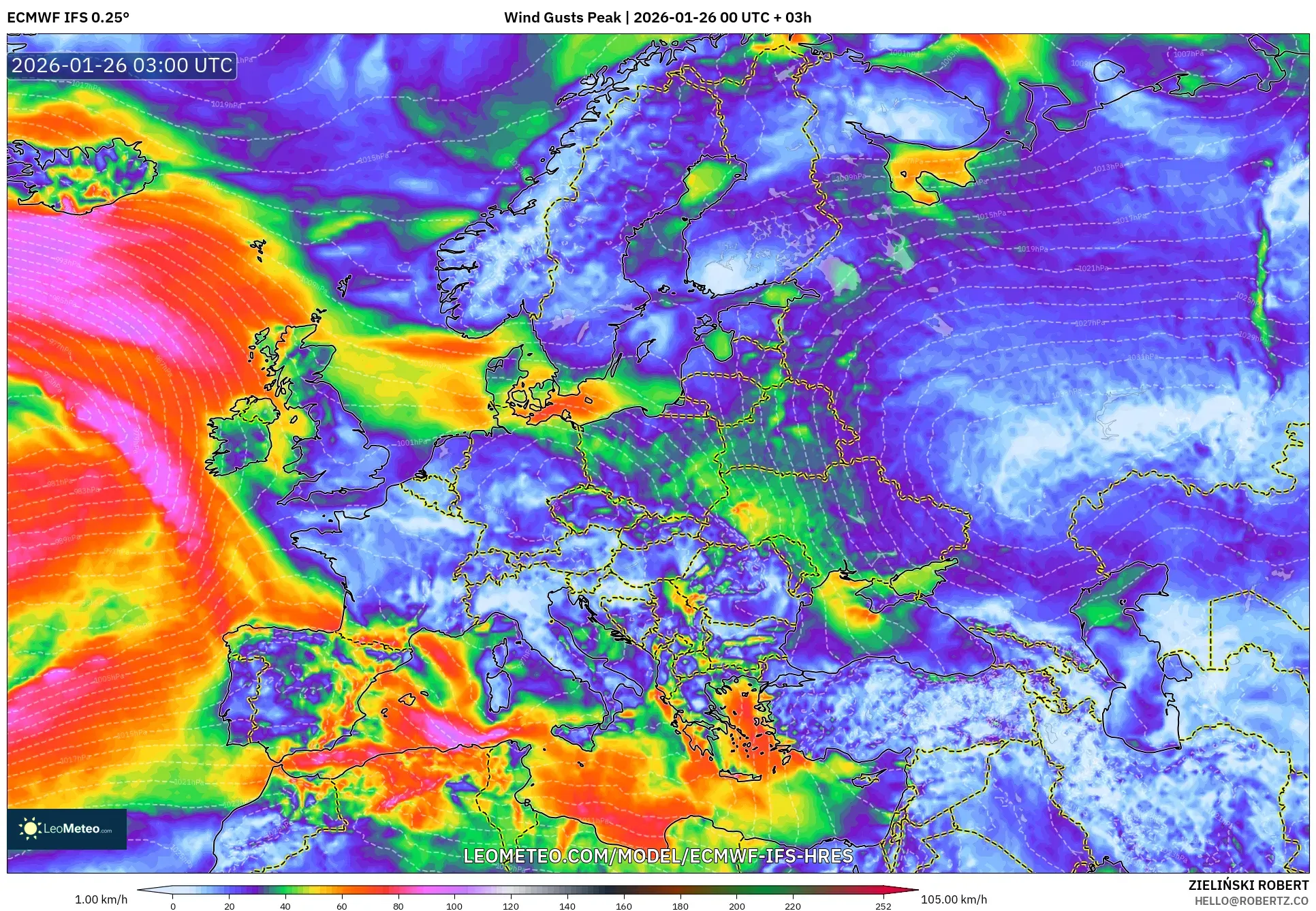 ECMWF IFS 0.25° model - Avrupa, En Yüksek Rüzgâr