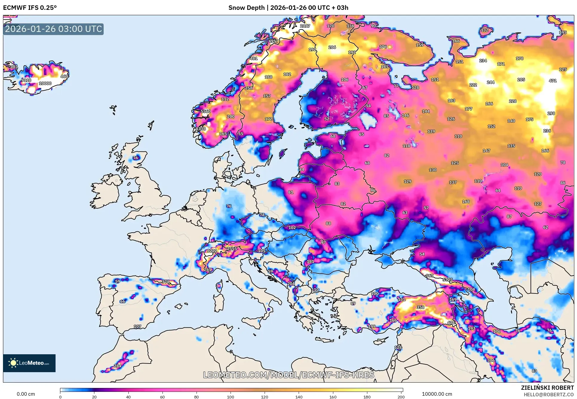 ECMWF IFS 0.25° model - Avrupa, Kar Kalınlığı