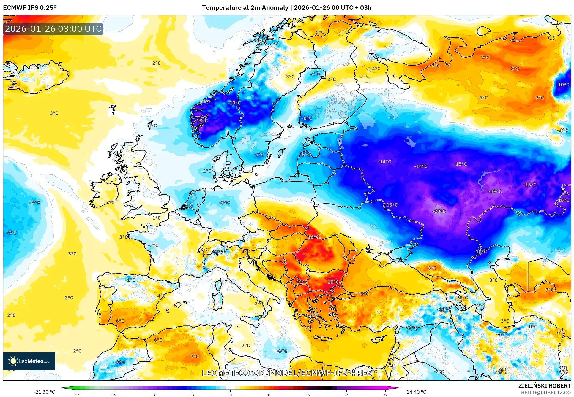 ECMWF IFS 0.25° model - Avrupa, 2 m Sıcaklık Anomalisi