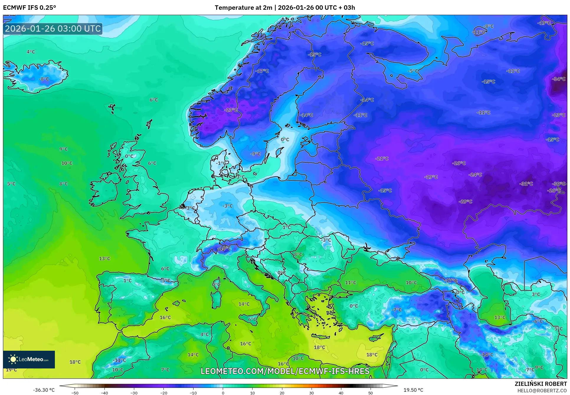ECMWF IFS 0.25° model - Avrupa, 2 m Sıcaklık