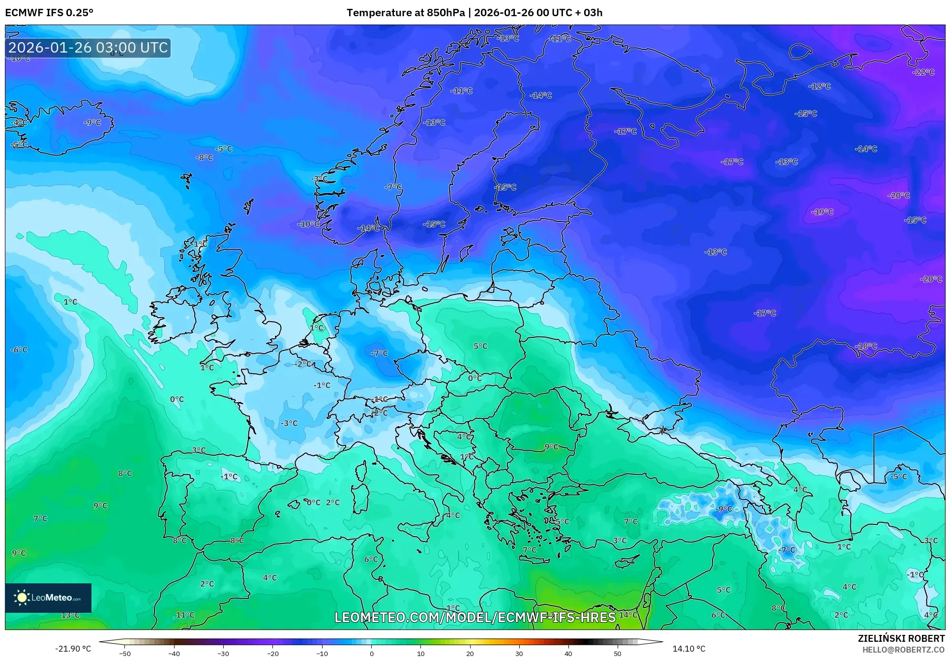 ECMWF IFS 0.25° model - Avrupa, 850 hPa Sıcaklık