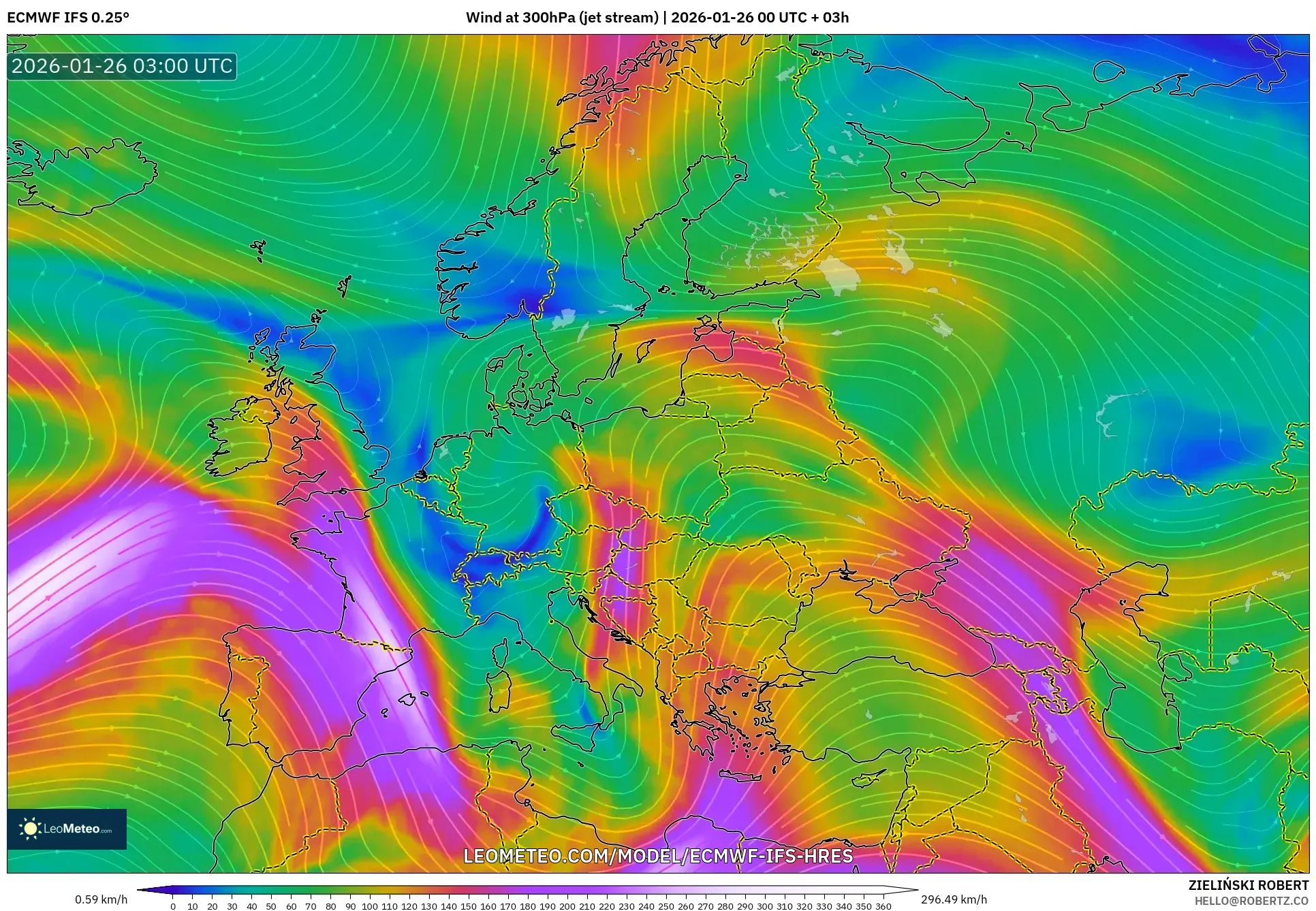 ECMWF IFS 0.25° model - Avrupa, 300 hPa Rüzgârı (jet)