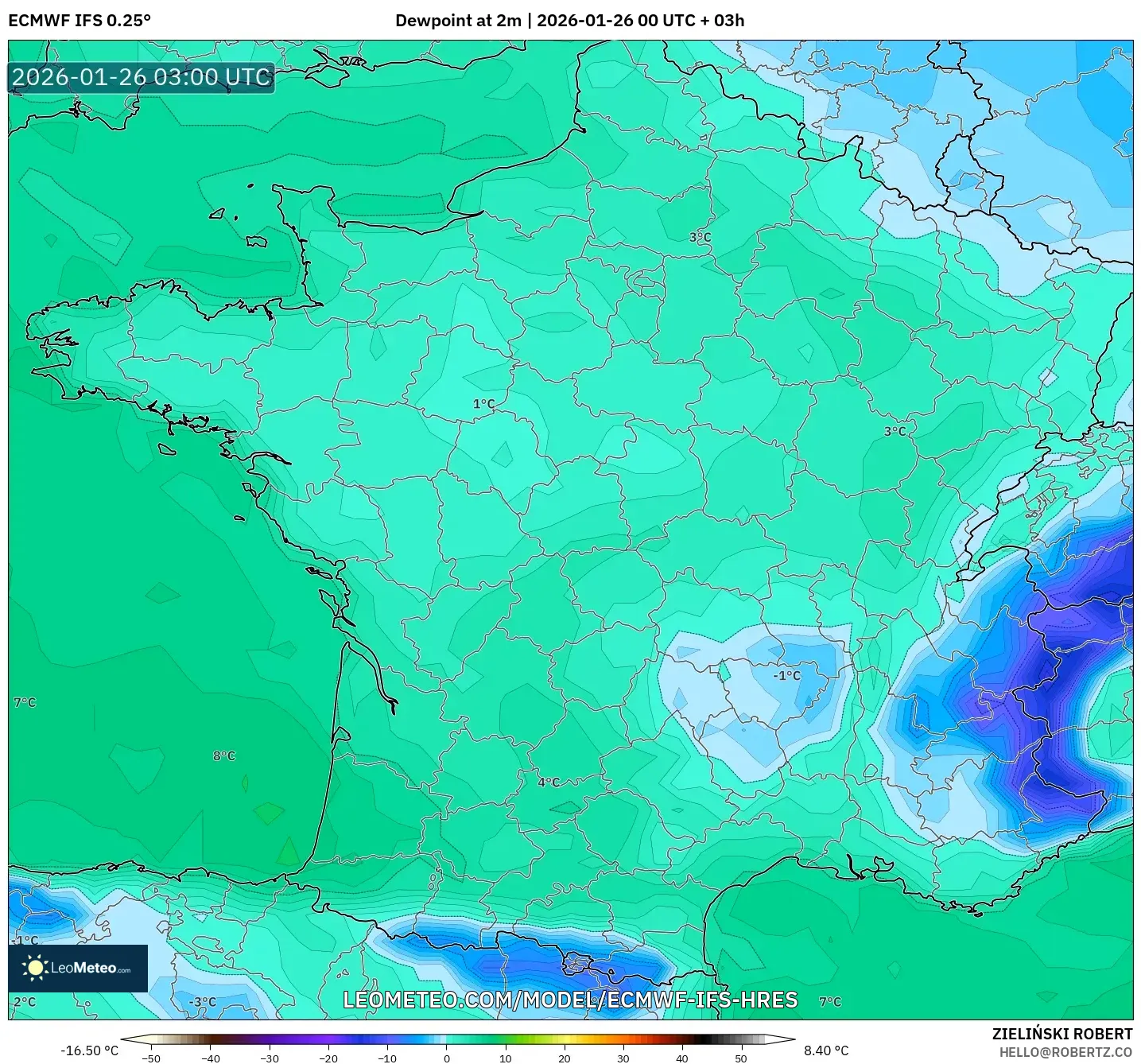 ECMWF IFS 0.25° model - Fransa, 2 m Çiy Noktası